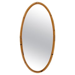 Midcentury Bamboo and Rattan Oval Wall Mirror, Italy 1970s