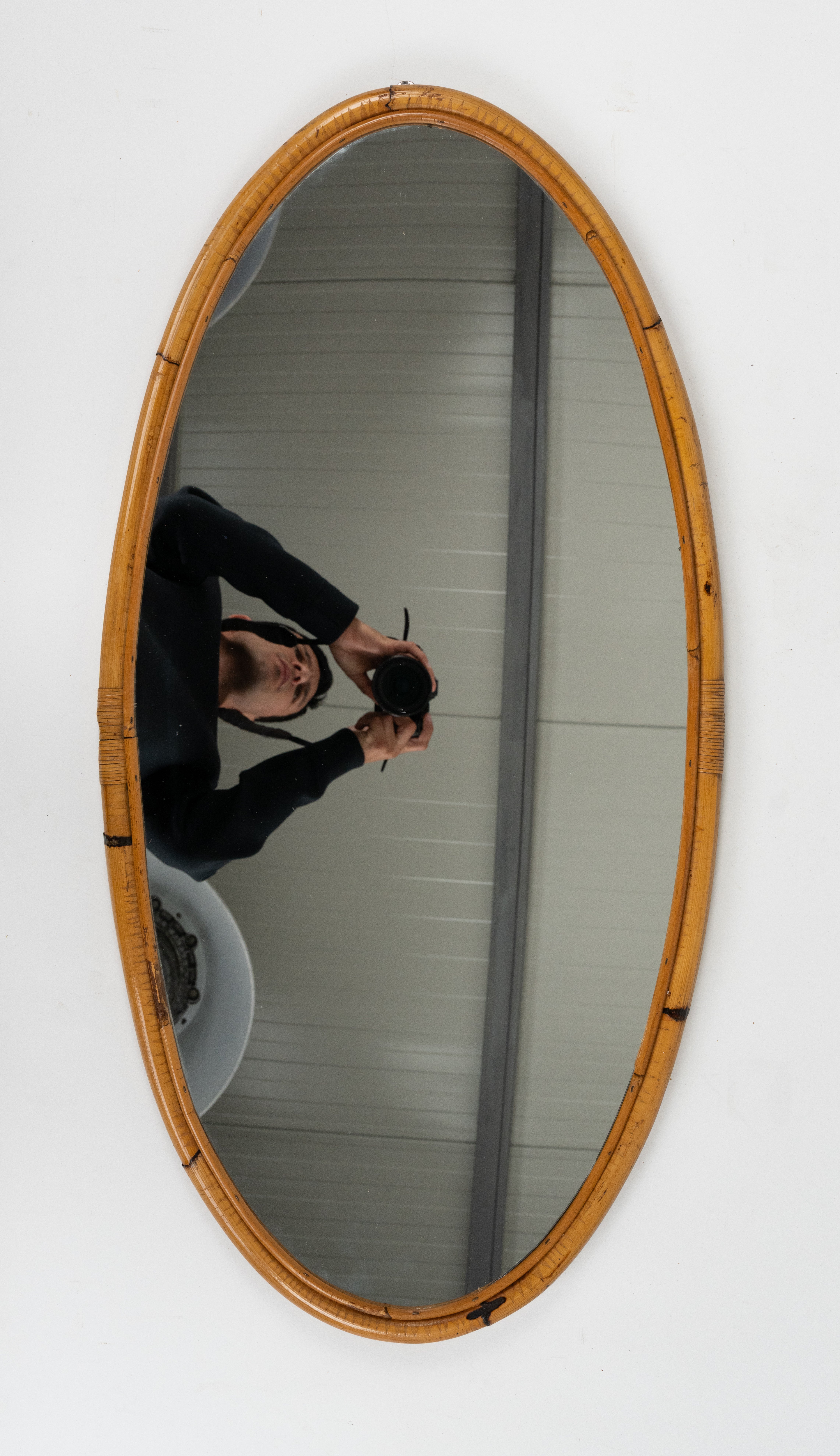 Midcentury Bamboo and Rattan Oval Wall Mirror, Italy 1970s