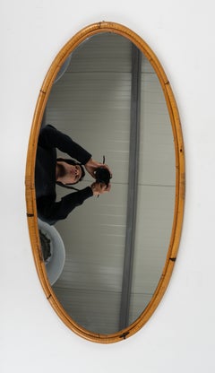 Midcentury Bamboo and Rattan Oval Wall Mirror, Italy 1970s