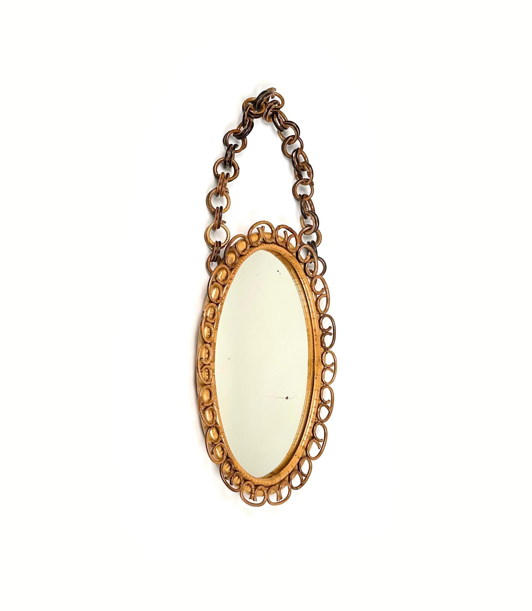 Mid-Century Modern Midcentury Bamboo and Rattan Oval Wall Mirror with Chain, Italy, 1960s For Sale