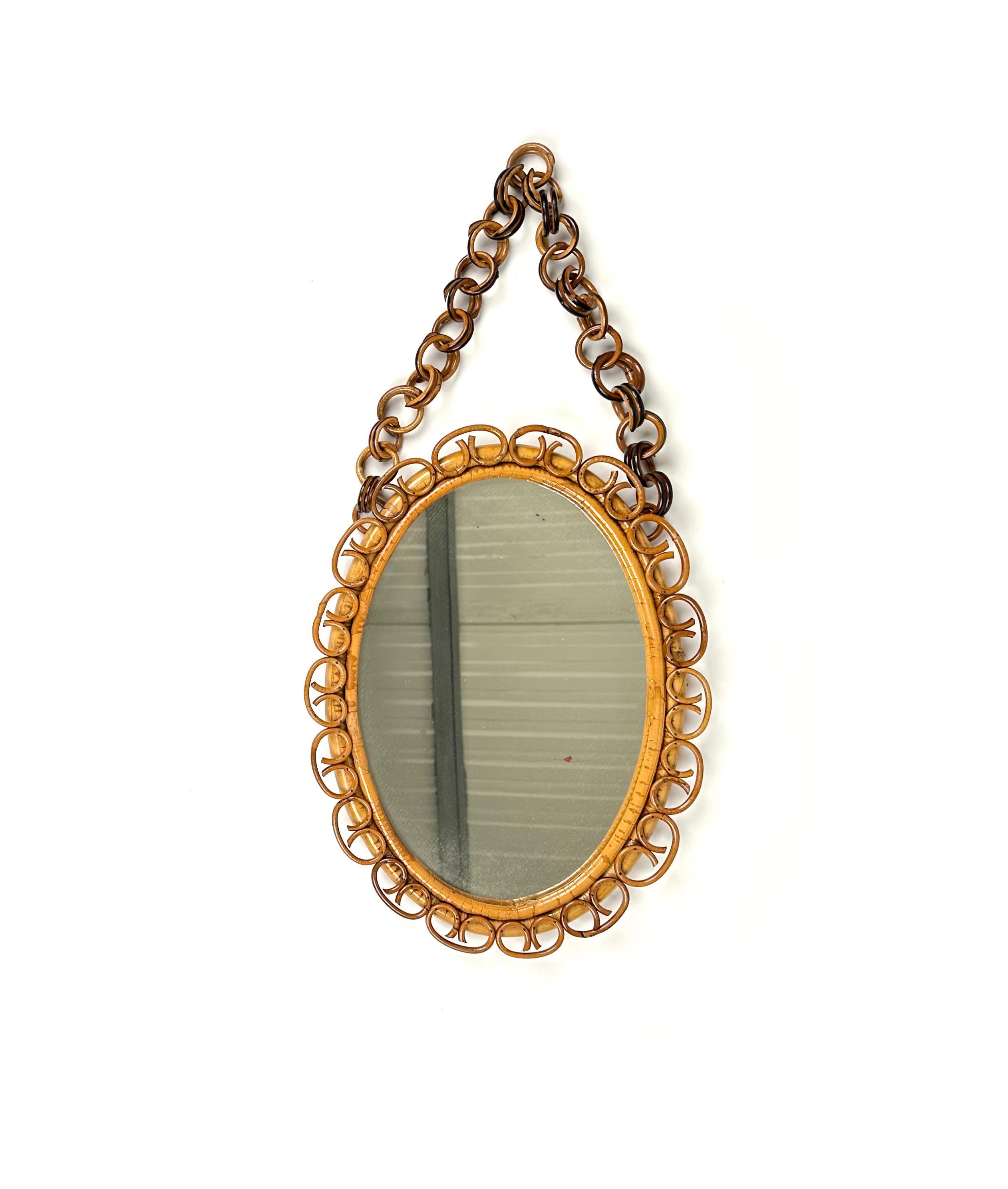 Italian Midcentury Bamboo and Rattan Oval Wall Mirror with Chain, Italy, 1960s For Sale