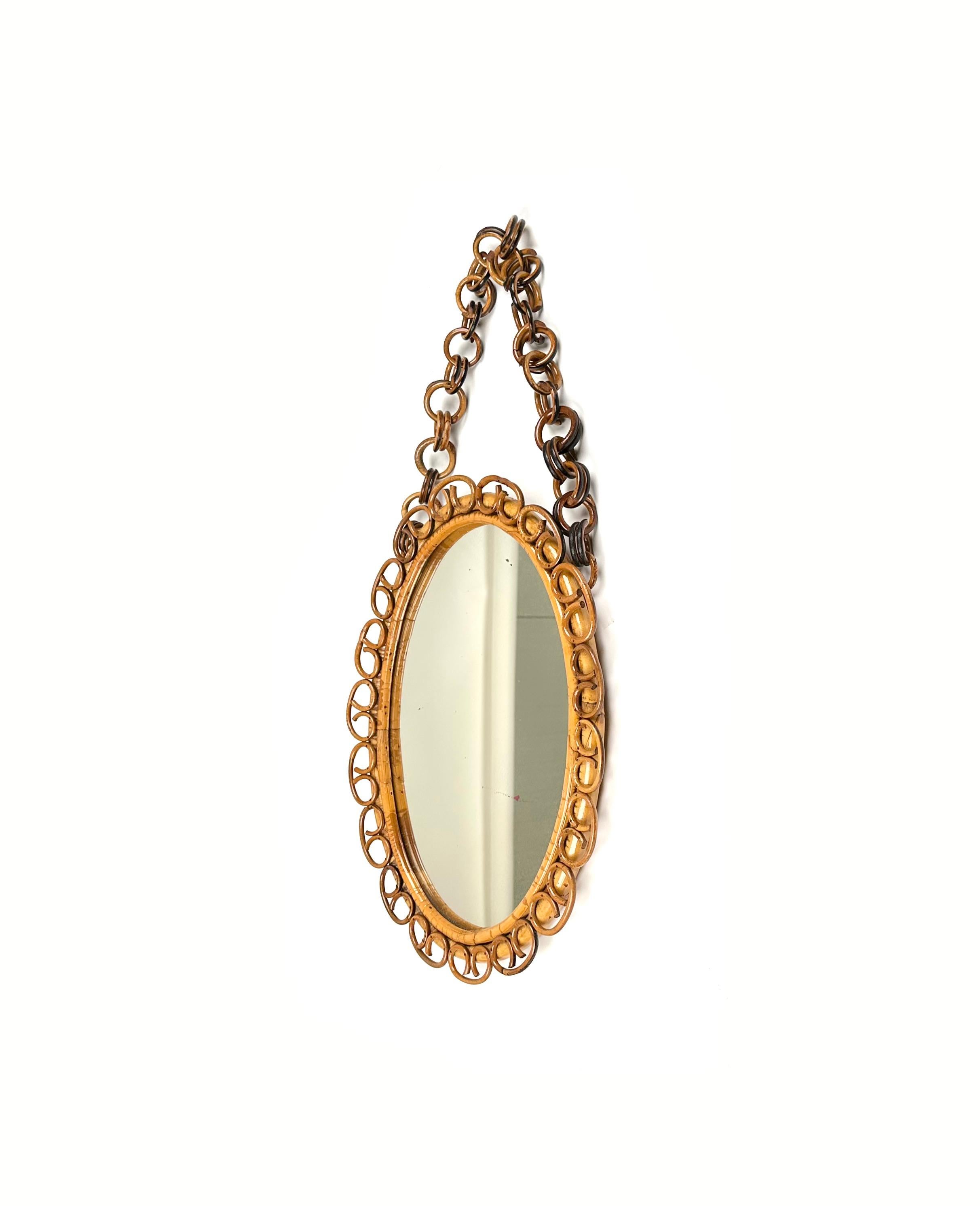 Mid-20th Century Midcentury Bamboo and Rattan Oval Wall Mirror with Chain, Italy, 1960s For Sale
