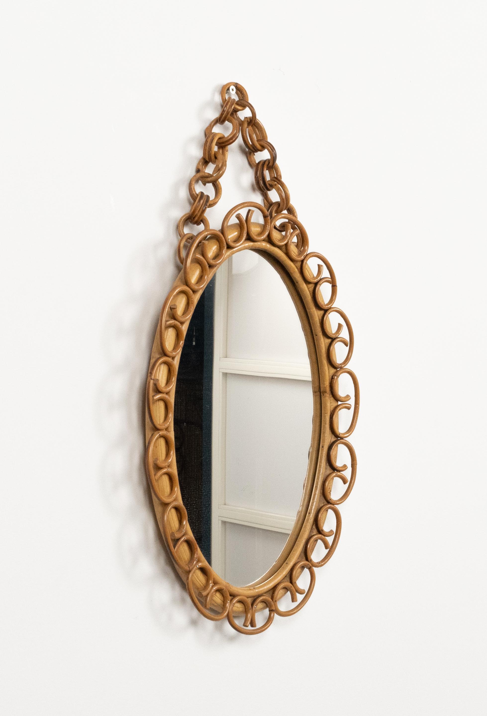 Midcentury Bamboo and Rattan Oval Wall Mirror with Chain, Italy 1960s ...
