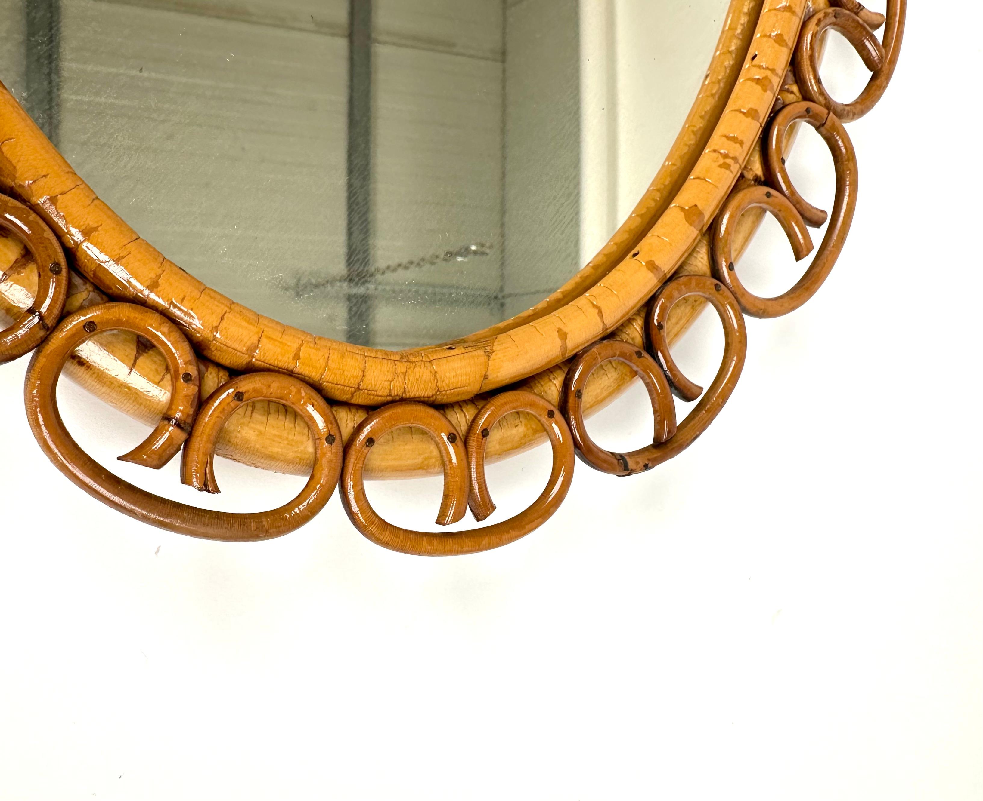 Midcentury Bamboo and Rattan Oval Wall Mirror with Chain, Italy, 1960s For Sale 2