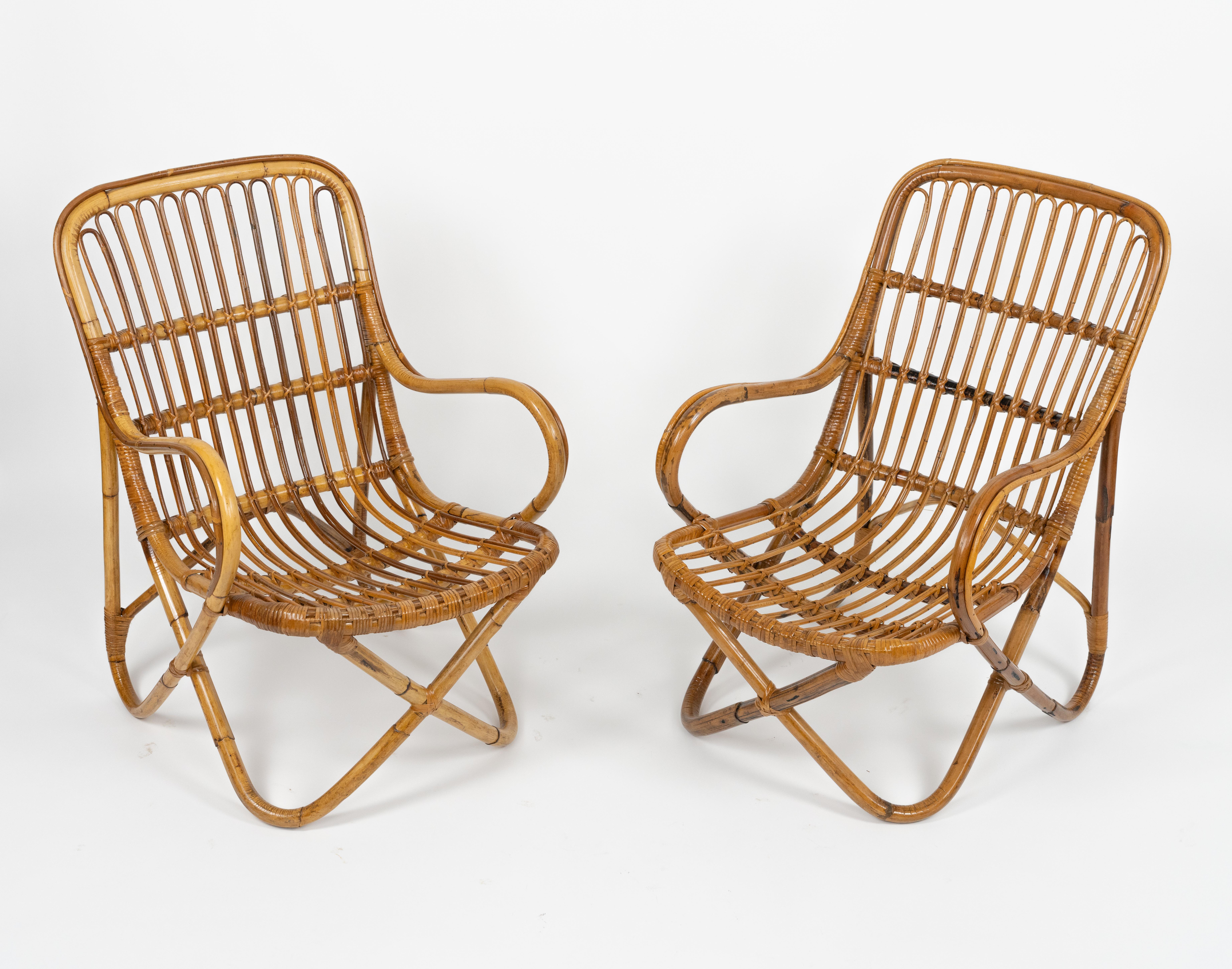 Midcentury Bamboo and Rattan Pair of Armchairs Tito Agnoli Style, Italy 1960s For Sale 4