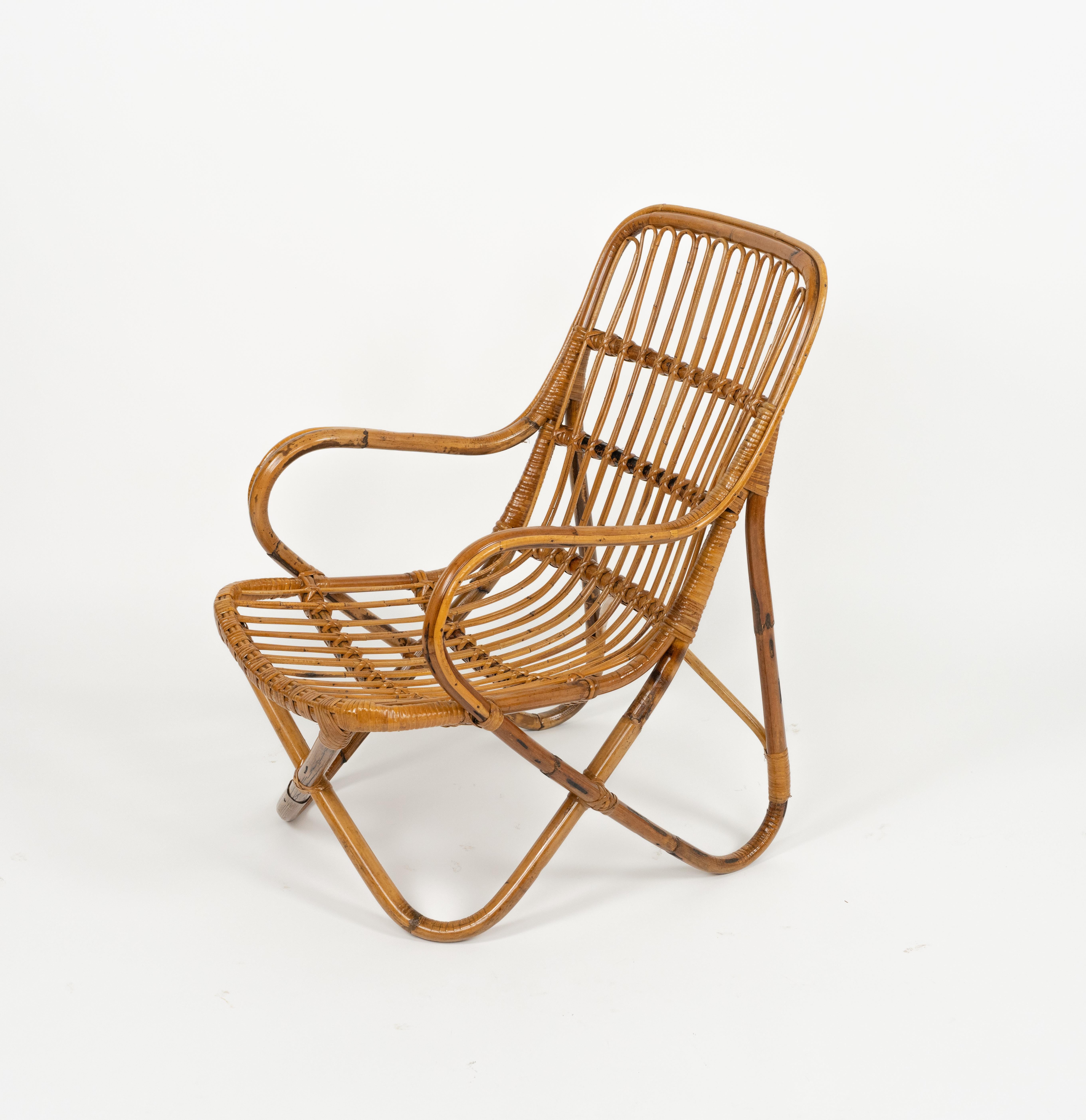 Midcentury Bamboo and Rattan Pair of Armchairs Tito Agnoli Style, Italy 1960s For Sale 5