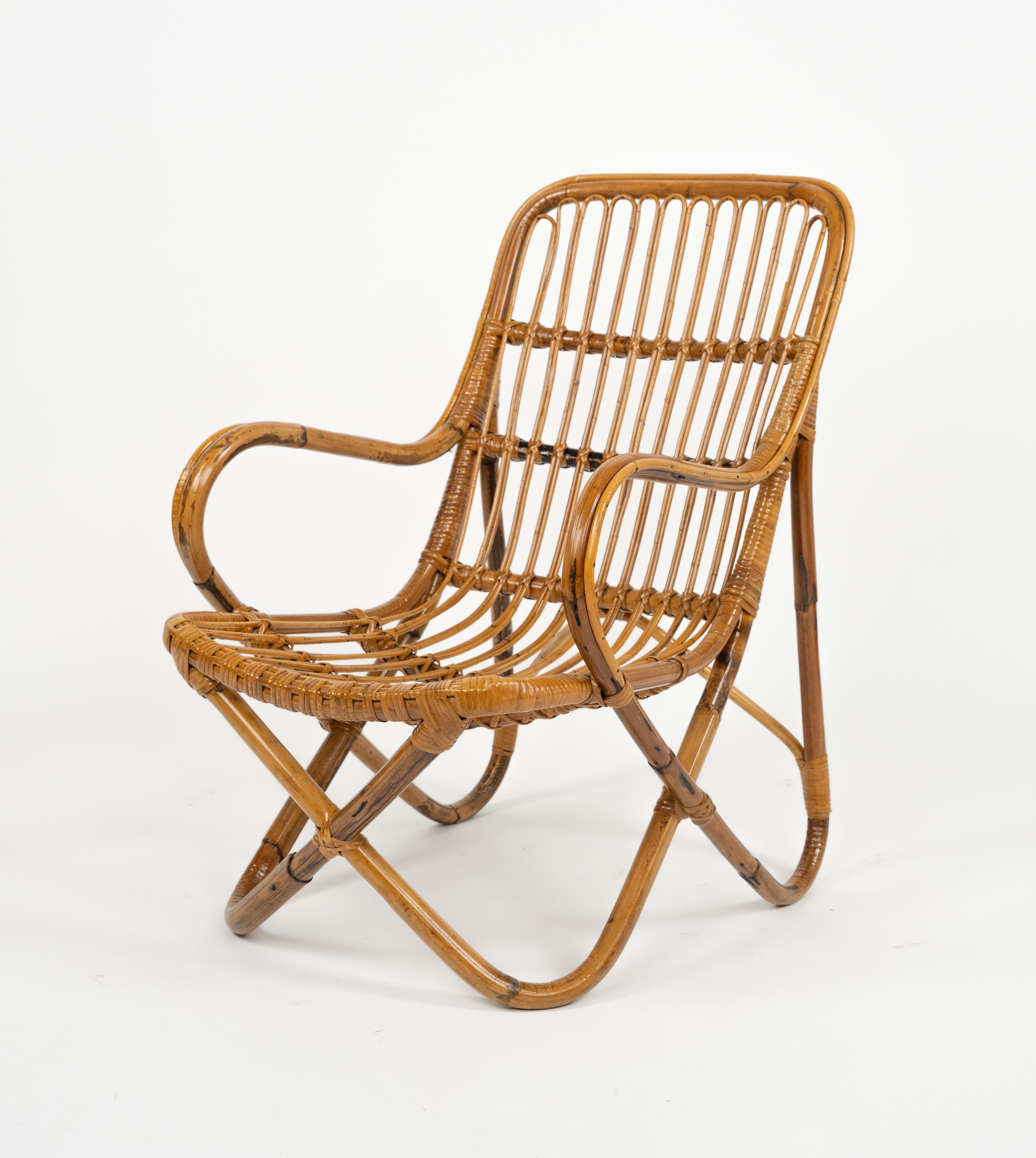Midcentury Bamboo and Rattan Pair of Armchairs Tito Agnoli Style, Italy 1960s For Sale 7
