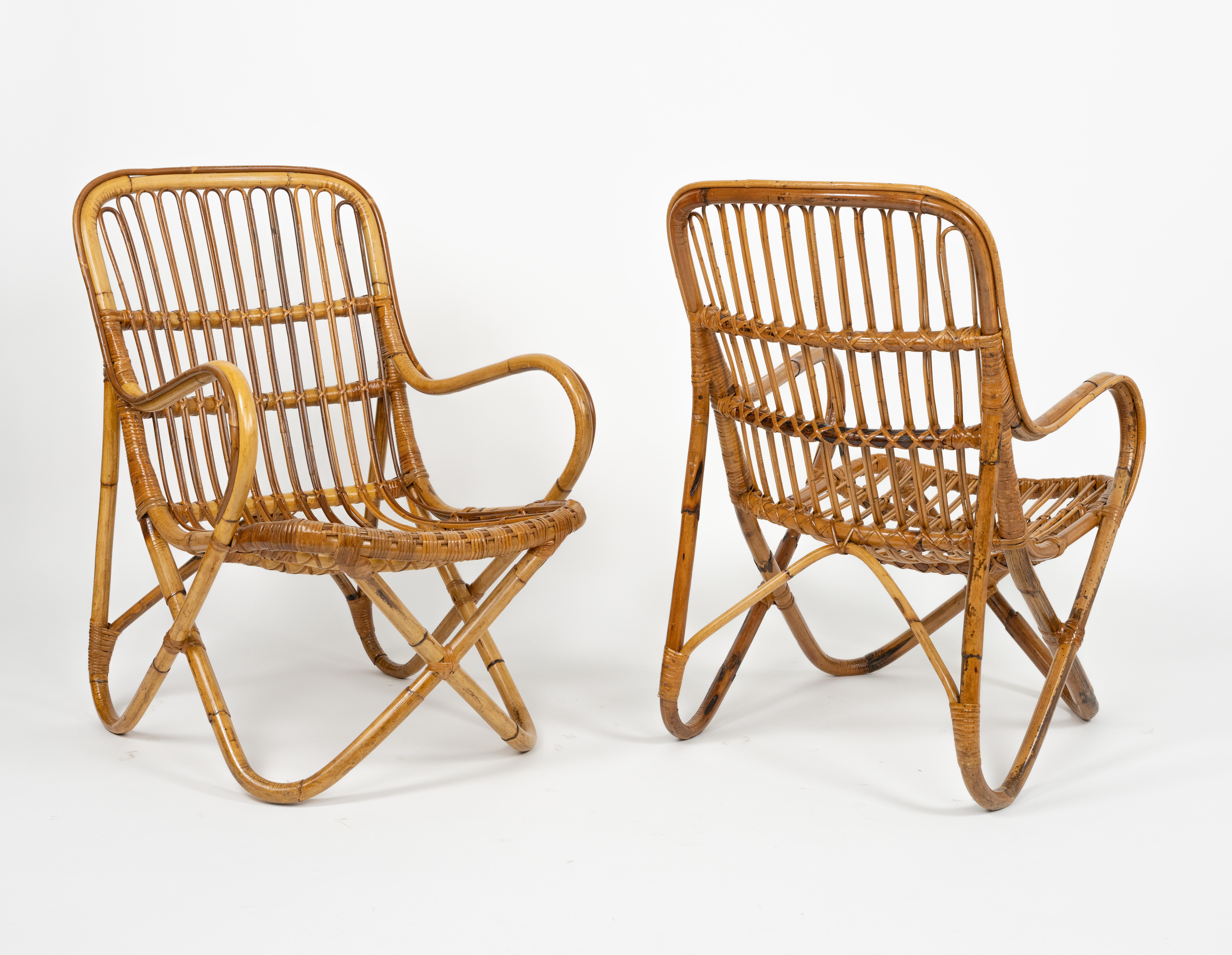 Midcentury Bamboo and Rattan Pair of Armchairs Tito Agnoli Style, Italy 1960s For Sale 8