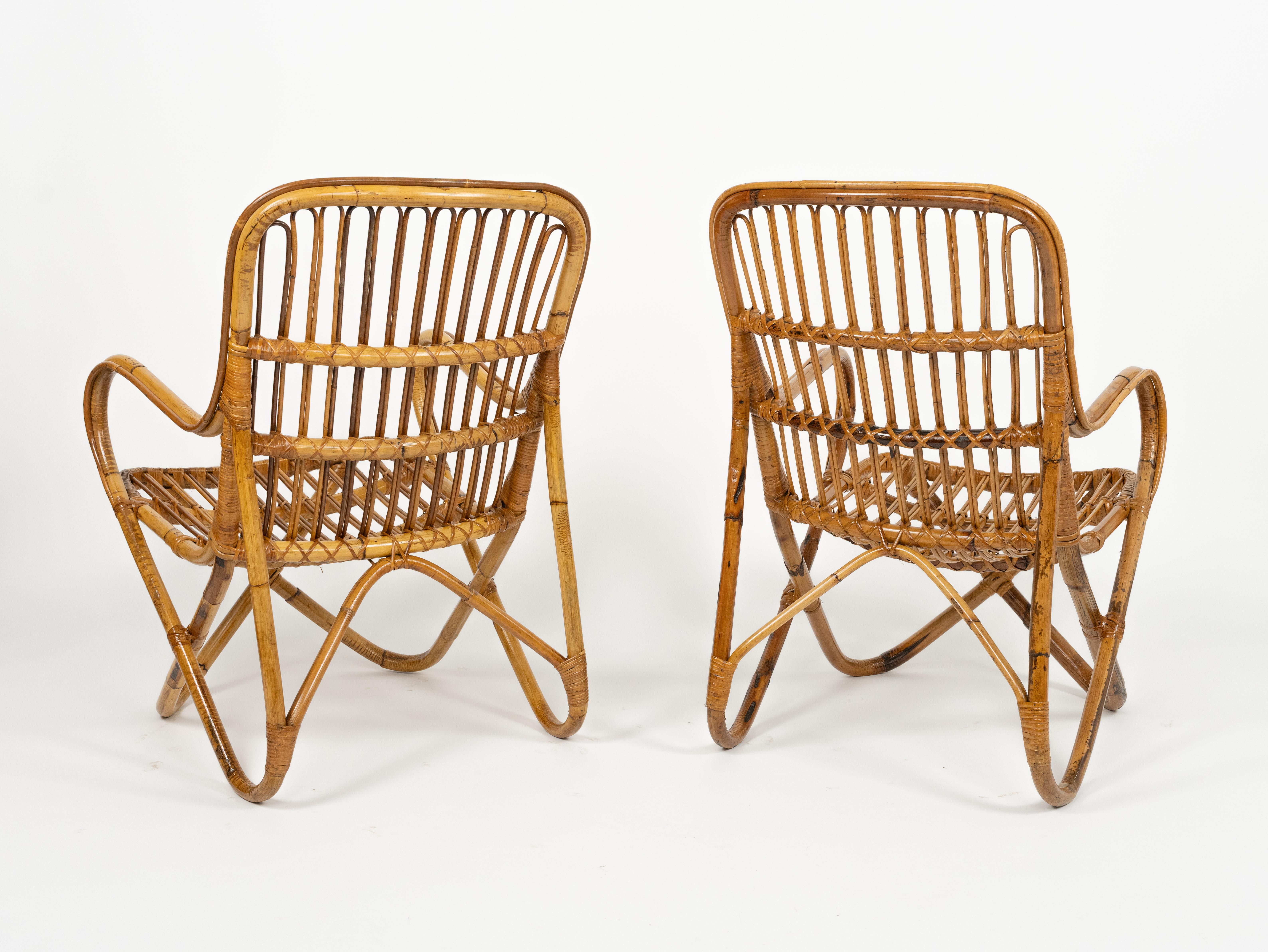 Midcentury Bamboo and Rattan Pair of Armchairs Tito Agnoli Style, Italy 1960s For Sale 9