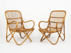 Midcentury Bamboo and Rattan Pair of Armchairs Tito Agnoli Style, Italy 1960s