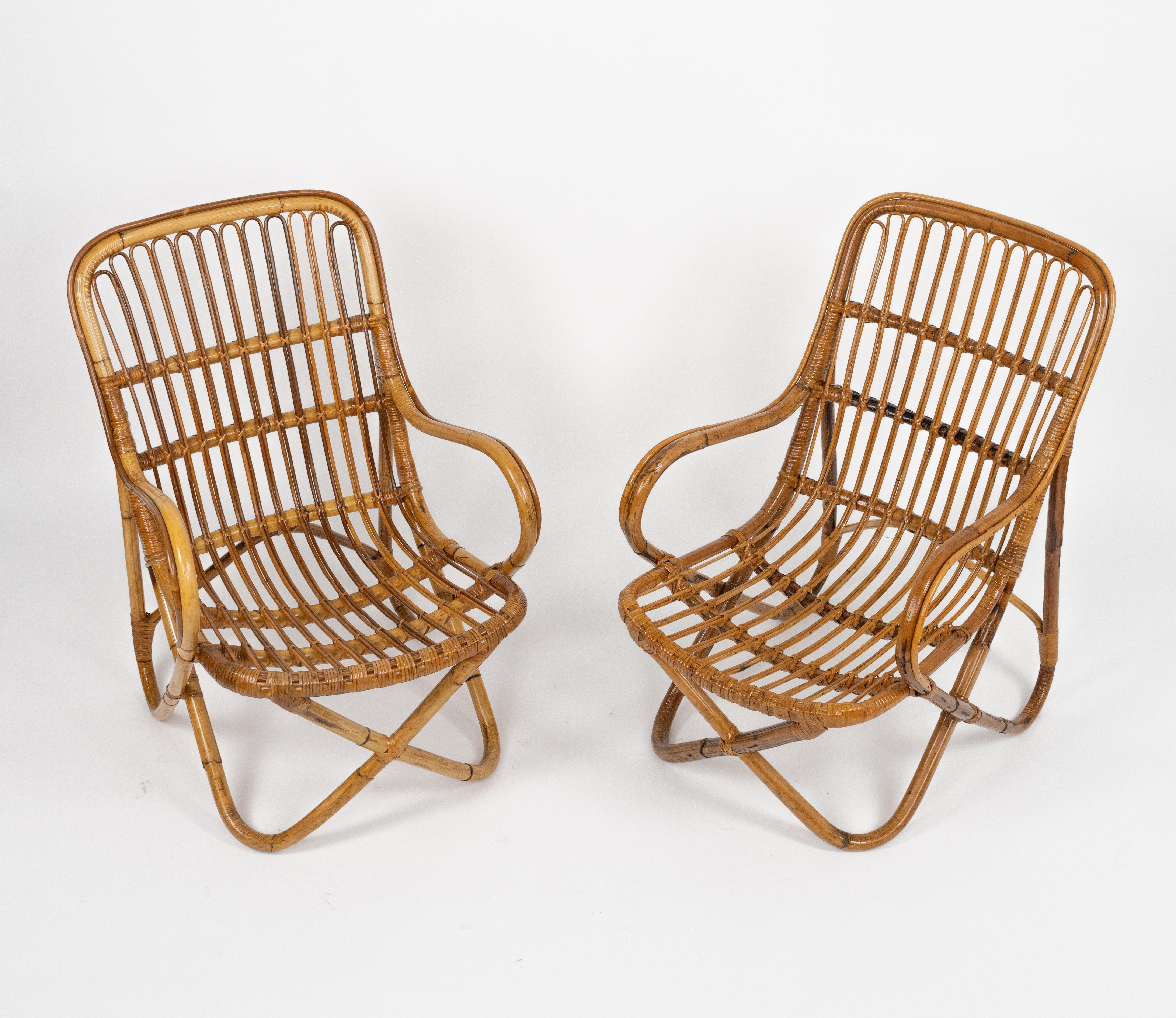 Mid-Century Modern Midcentury Bamboo and Rattan Pair of Armchairs Tito Agnoli Style, Italy 1960s For Sale