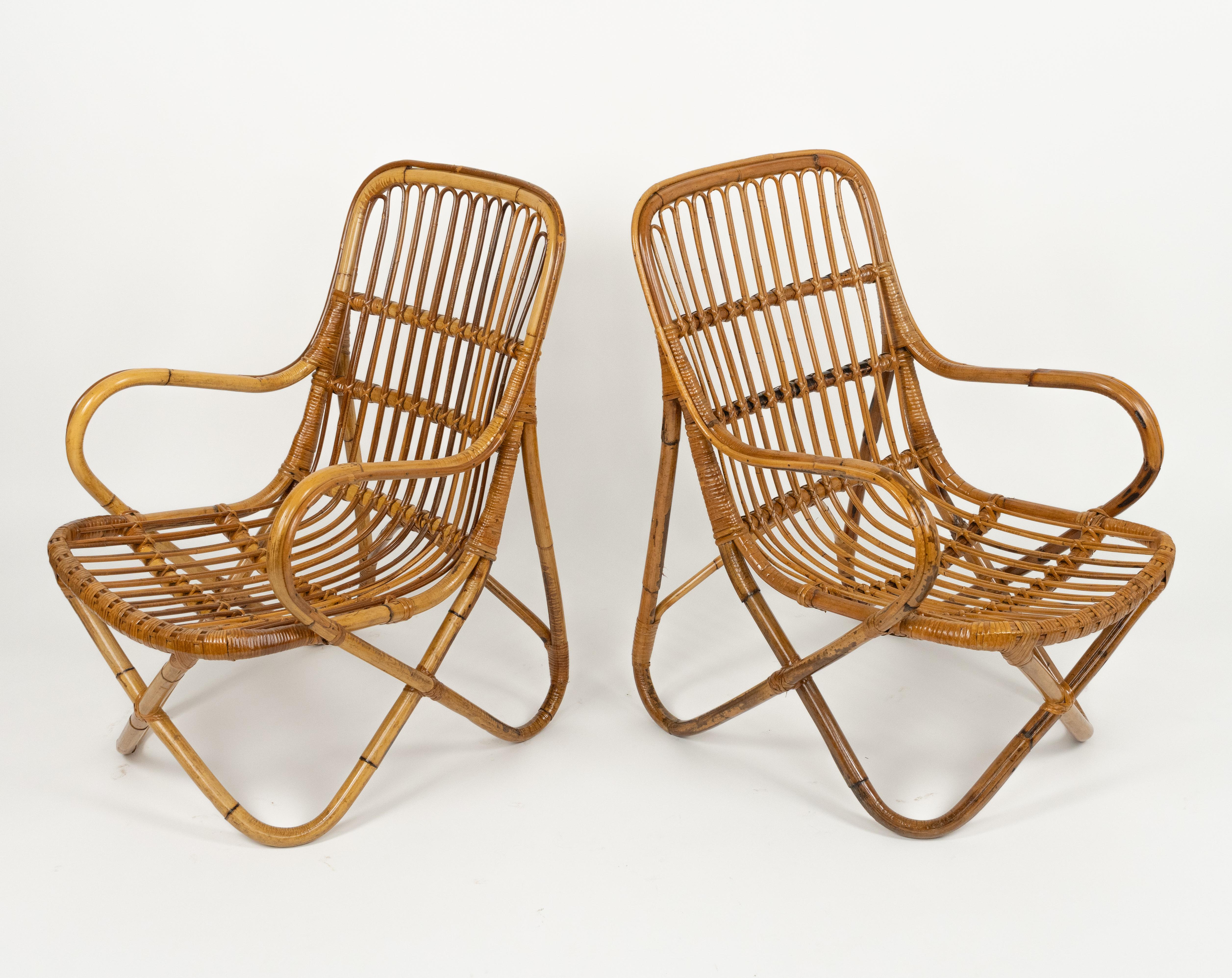 Italian Midcentury Bamboo and Rattan Pair of Armchairs Tito Agnoli Style, Italy 1960s For Sale
