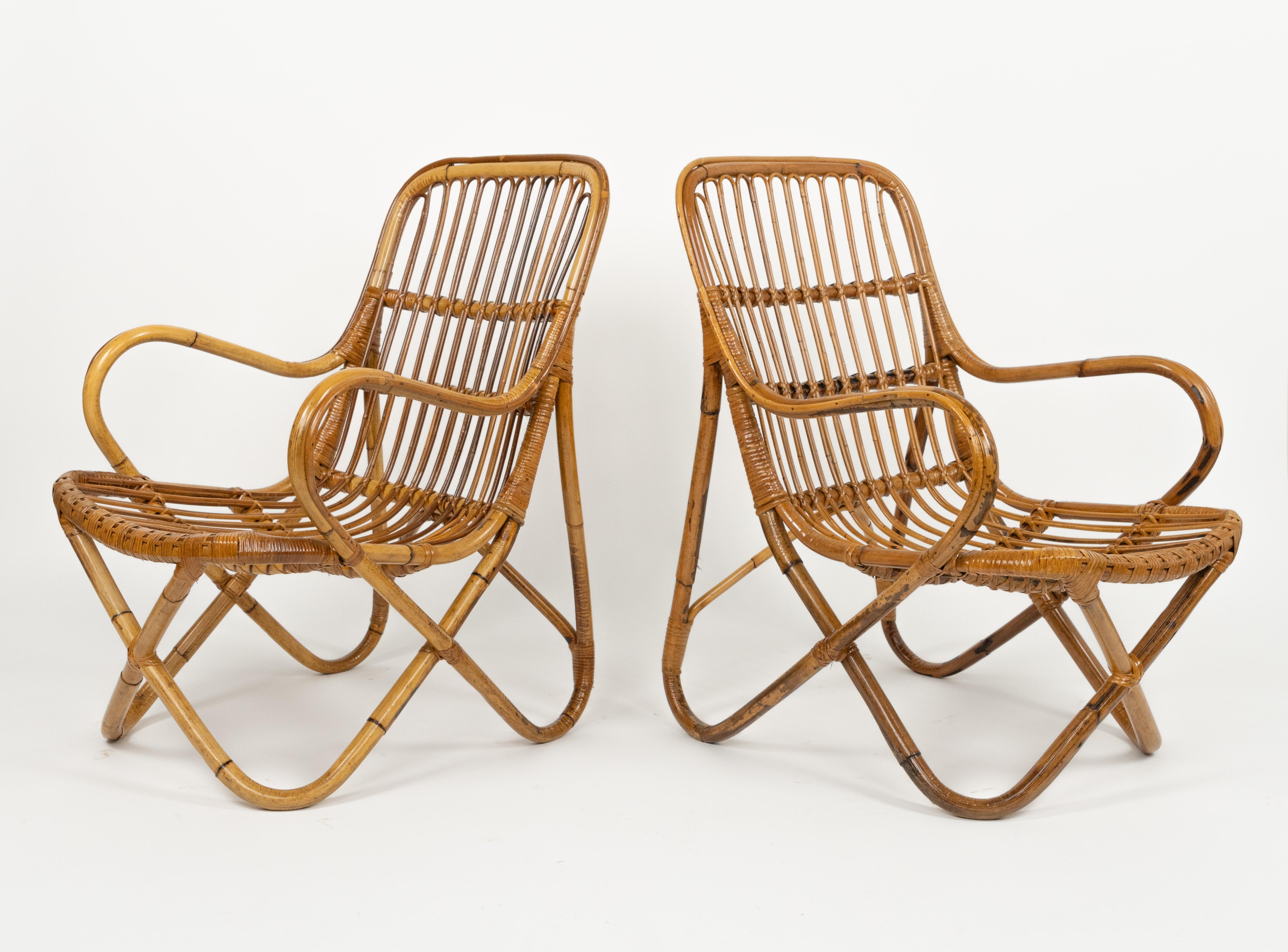 Midcentury Bamboo and Rattan Pair of Armchairs Tito Agnoli Style, Italy 1960s In Good Condition For Sale In Rome, IT