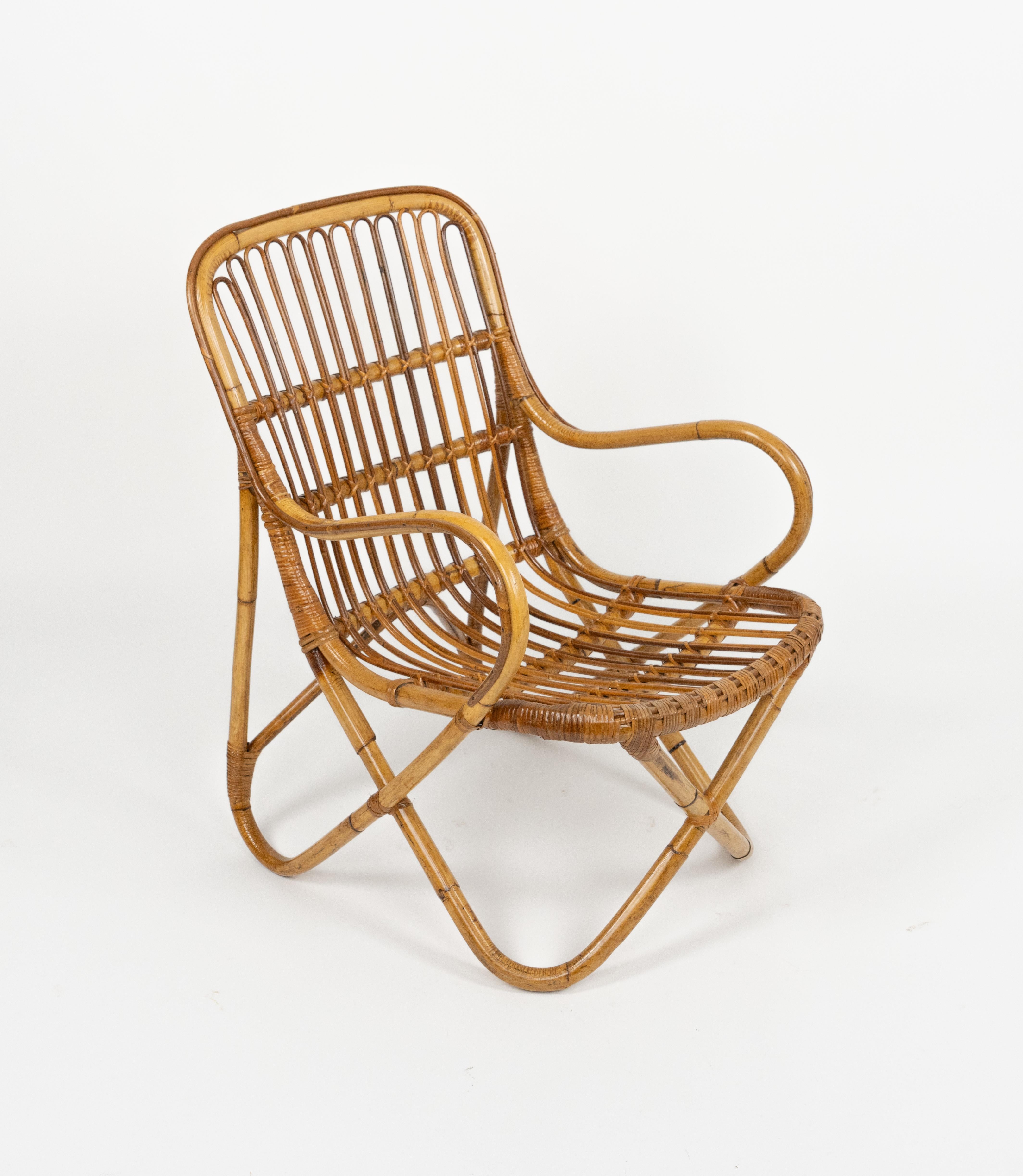 Milieu du XXe siècle Paire de fauteuils du milieu du siècle dernier en bambou et rotin de style Tito Agnoli, Italie années 1960 en vente