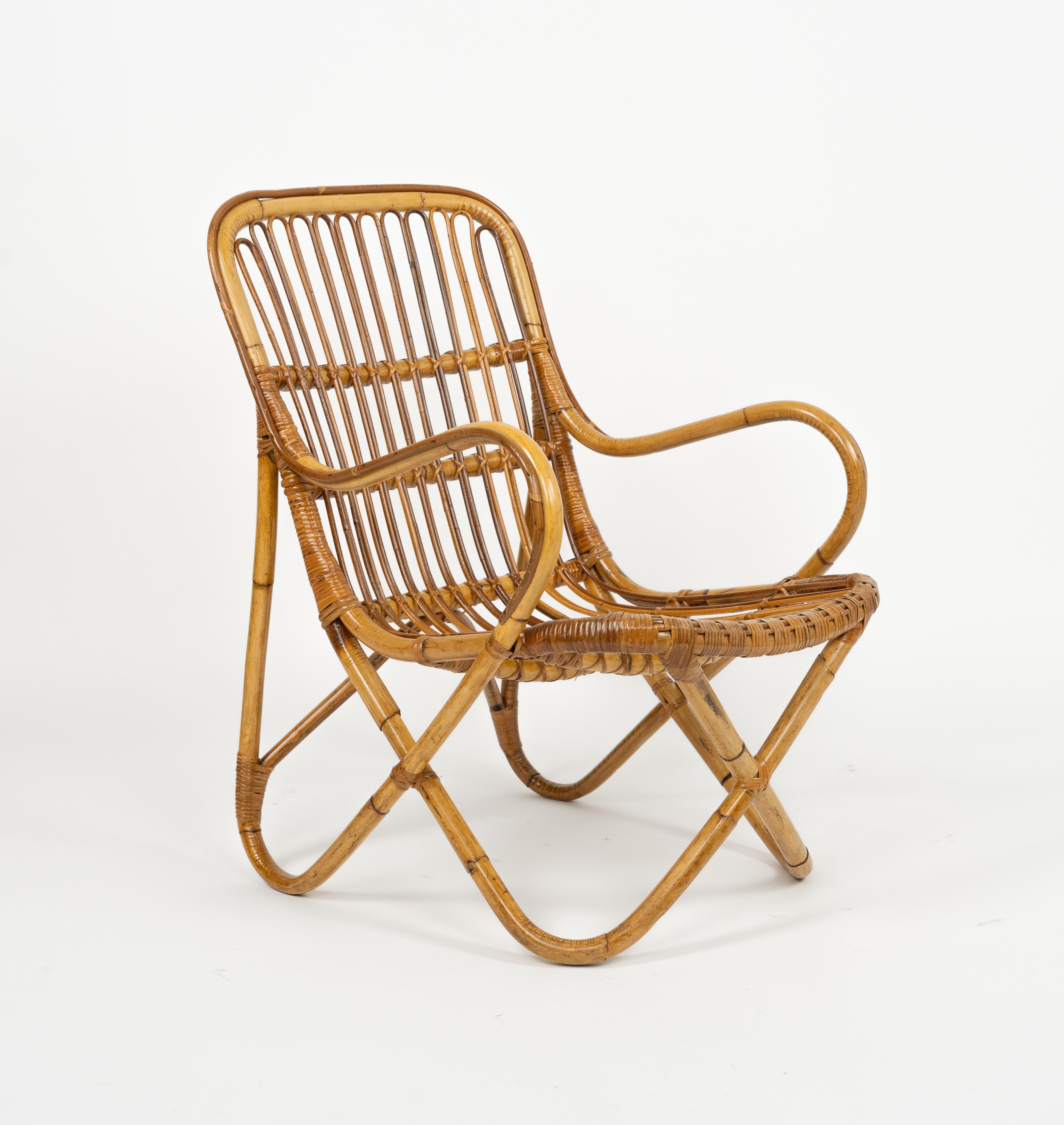 Midcentury Bamboo and Rattan Pair of Armchairs Tito Agnoli Style, Italy 1960s For Sale 1