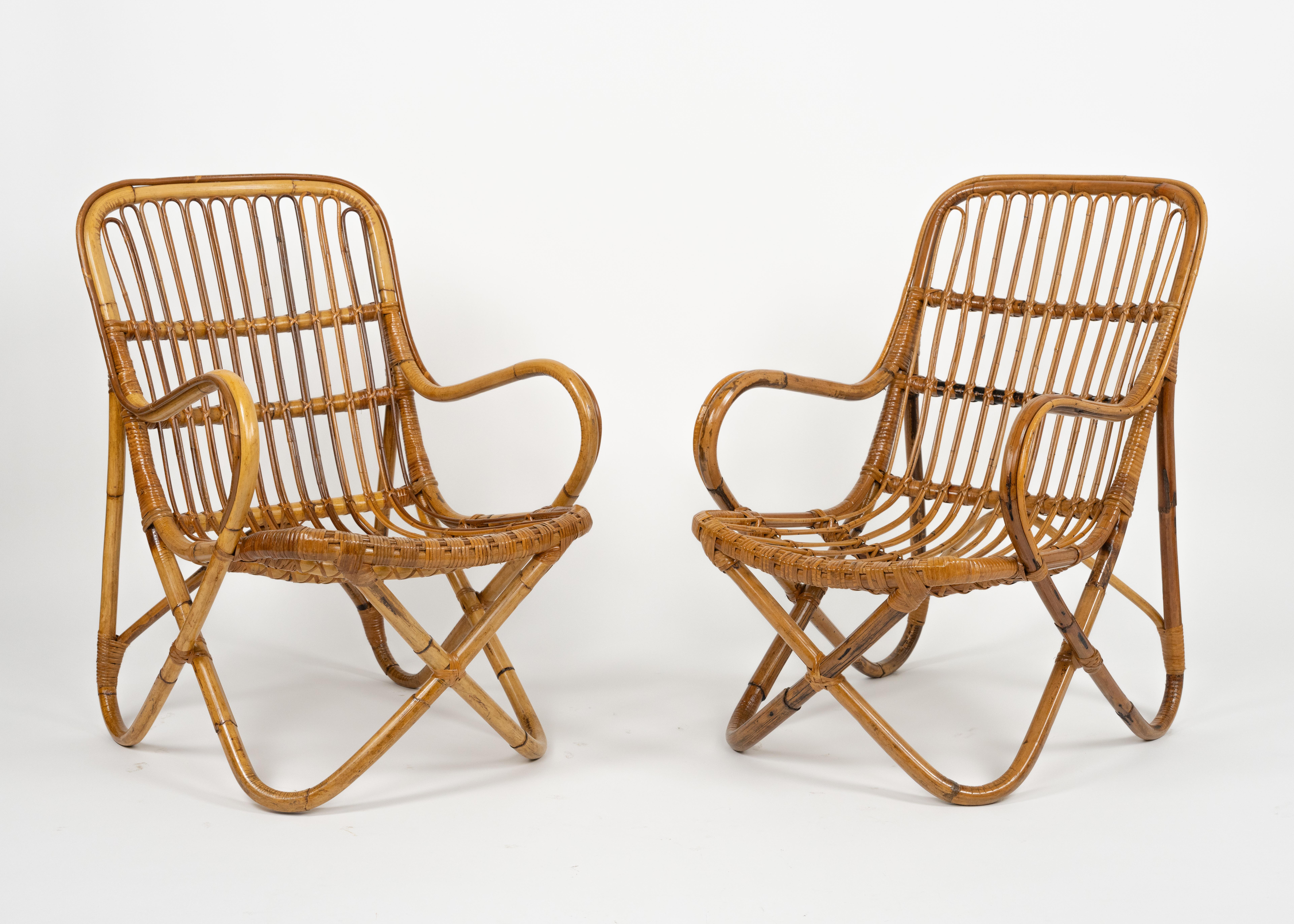 Midcentury Bamboo and Rattan Pair of Armchairs Tito Agnoli Style, Italy 1960s For Sale 3