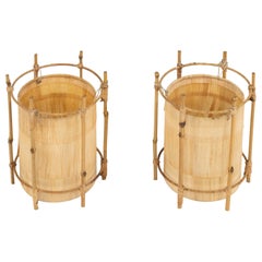 Pareja de lámparas de sobremesa de bambú y ratán de mediados de siglo Estilo Louis Sognot, Italia Años 70