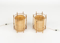 Midcentury Bamboo and Rattan Pair of Table Lamp Louis Sognot Style, Italy 1970s