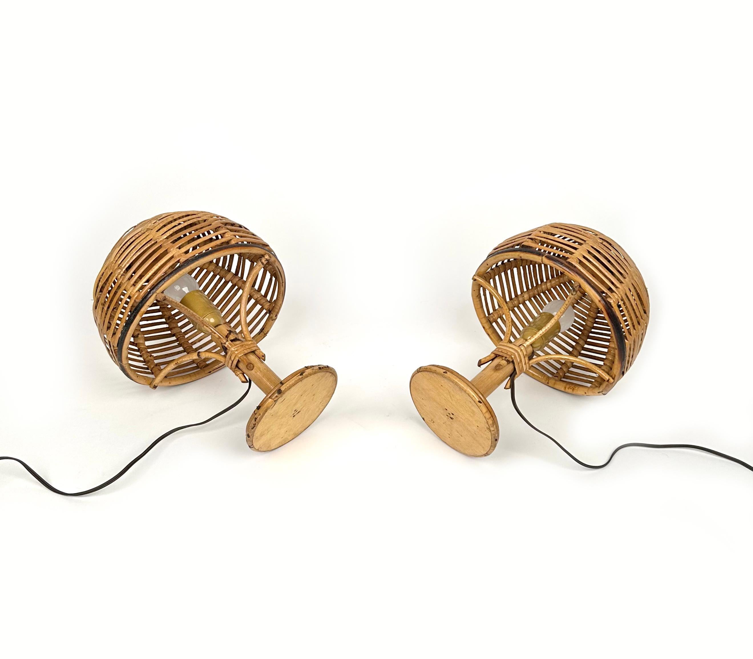 Midcentury Bamboo and Rattan Pair of Table Lamps Louis Sognot Style, Italy 1960s For Sale 5