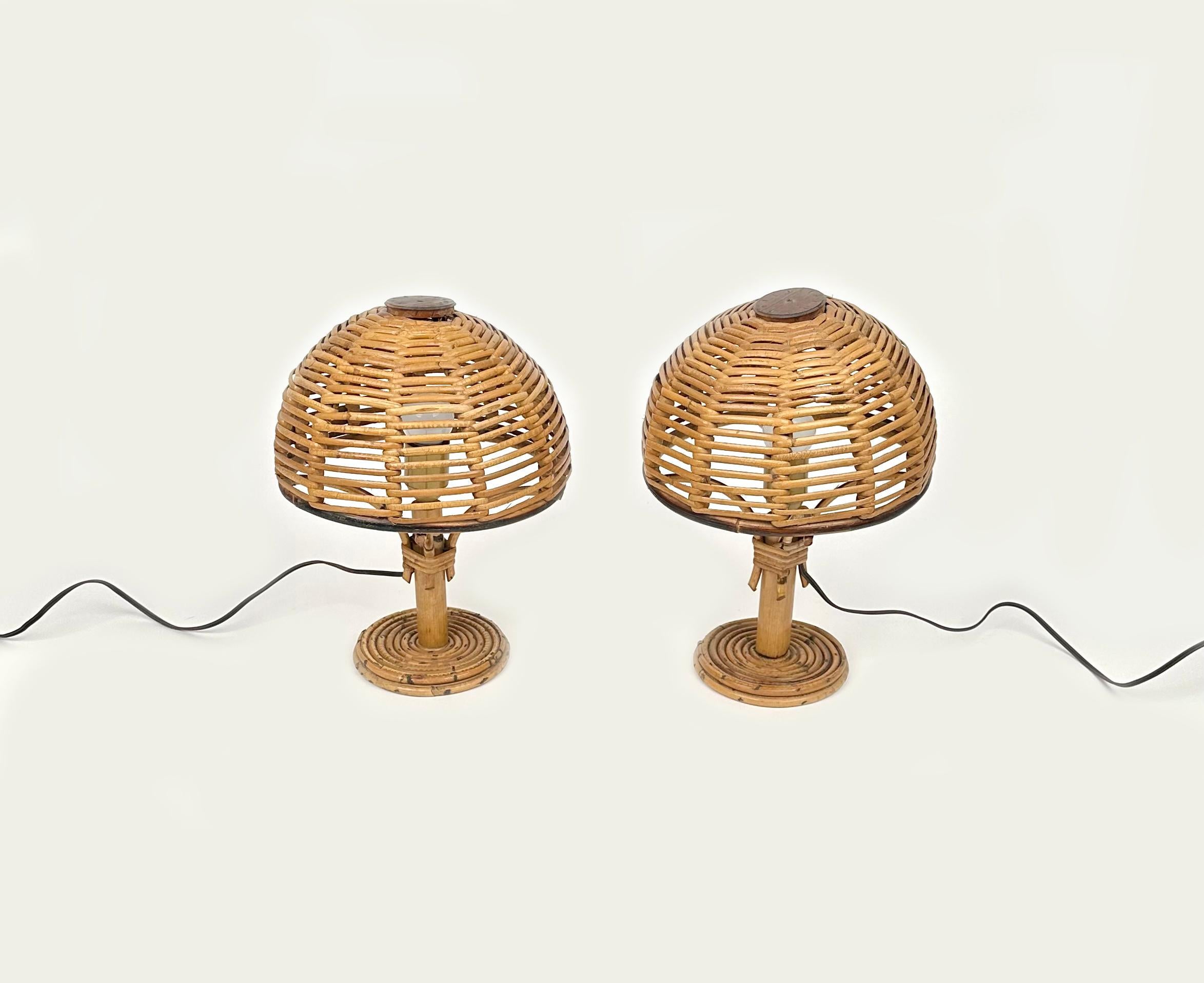 Midcentury Bamboo and Rattan Pair of Table Lamps Louis Sognot Style, Italy 1960s For Sale 7