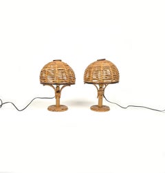 Paar Tischlampen aus Bambus und Rattan aus der Mitte des Jahrhunderts im Louis Sognot-Stil, Italien 1960er Jahre
