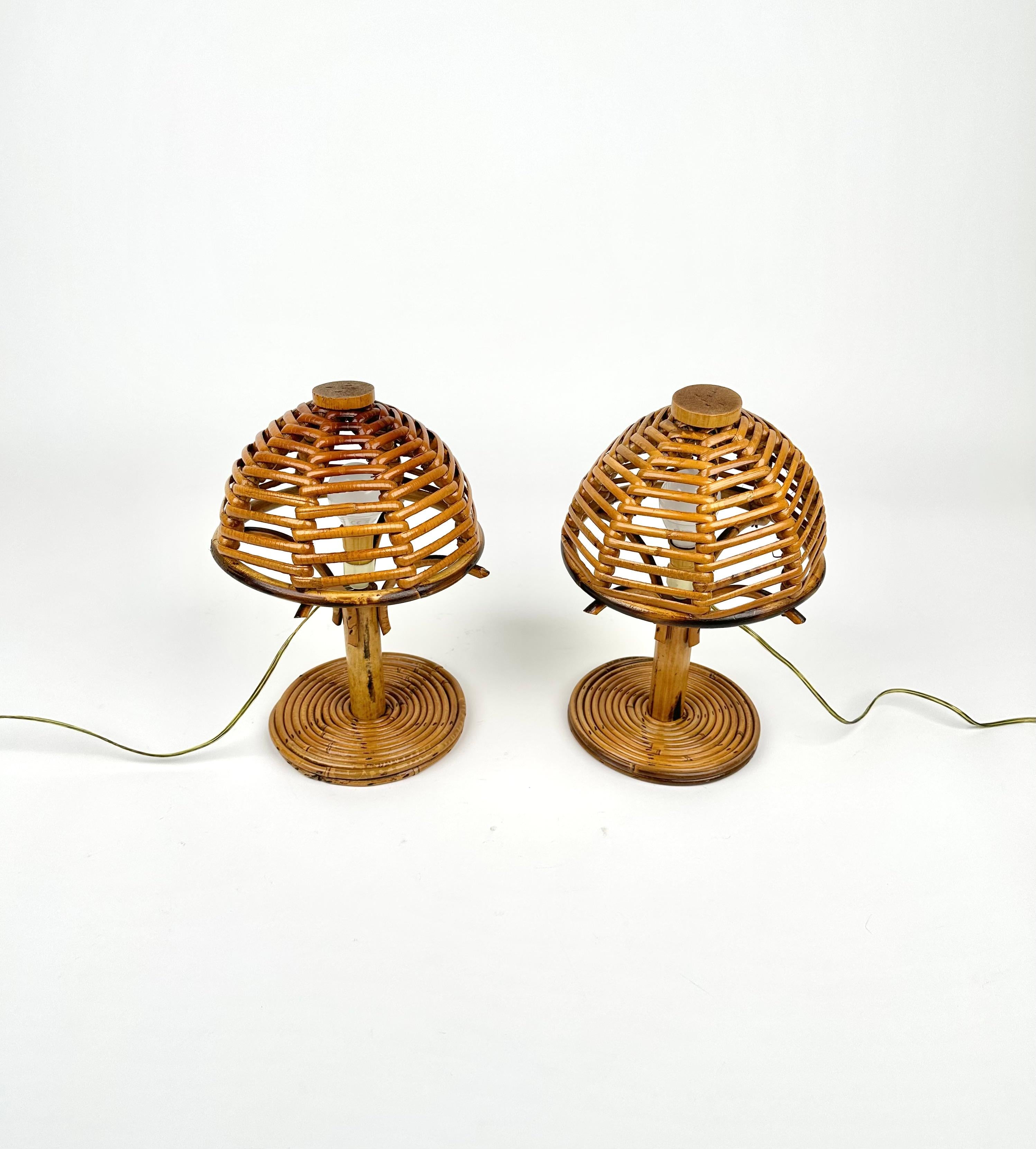 Mid-Century Modern Mid-Century Bamboo and Rattan Pair of Table Lamps Louis Sognot Style Italy 1960s
