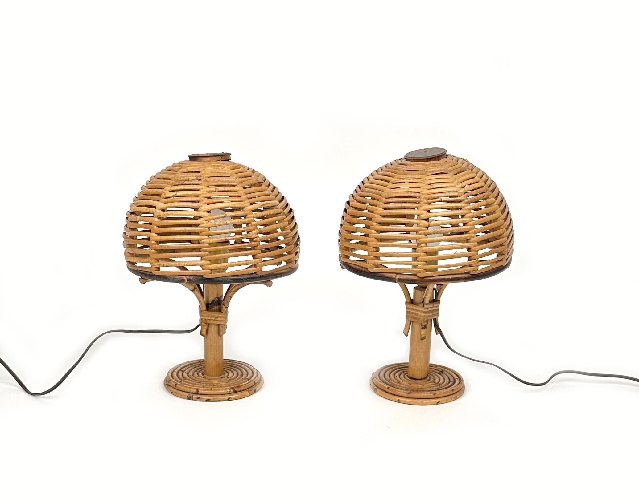 Mid-Century Modern Midcentury Bamboo and Rattan Pair of Table Lamps Louis Sognot Style, Italy 1960s For Sale