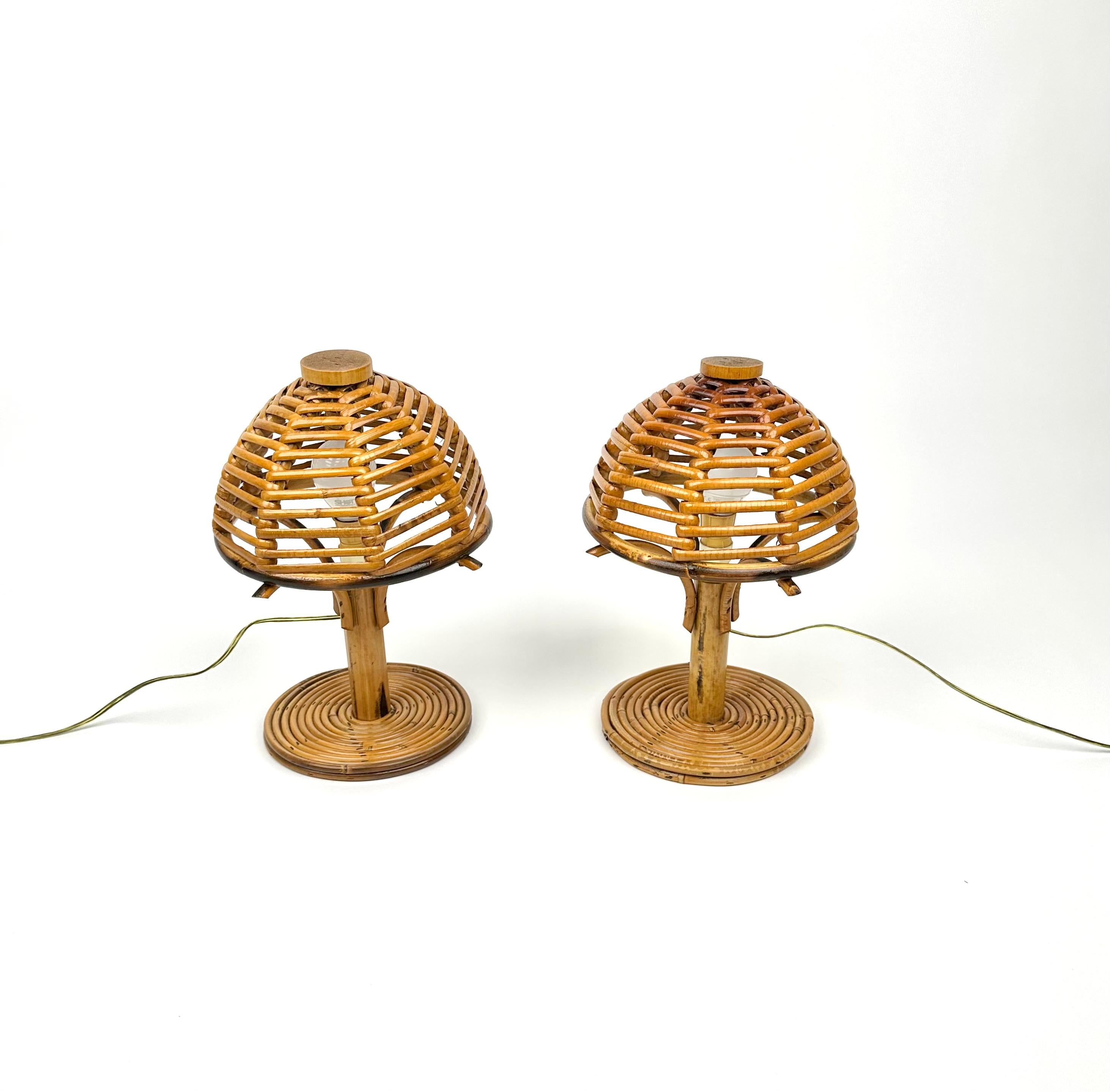 Italian Mid-Century Bamboo and Rattan Pair of Table Lamps Louis Sognot Style Italy 1960s