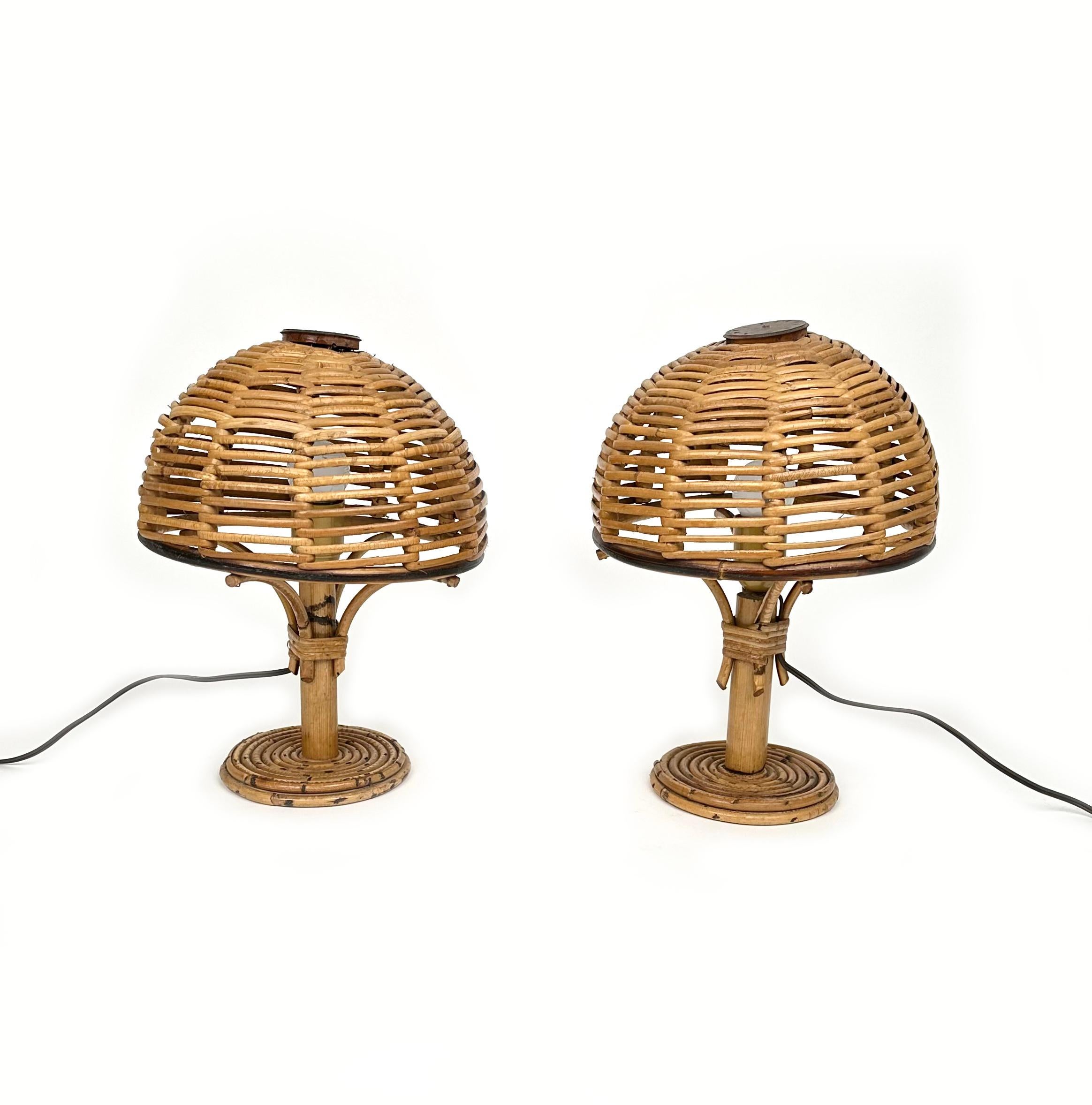 Italian Midcentury Bamboo and Rattan Pair of Table Lamps Louis Sognot Style, Italy 1960s For Sale