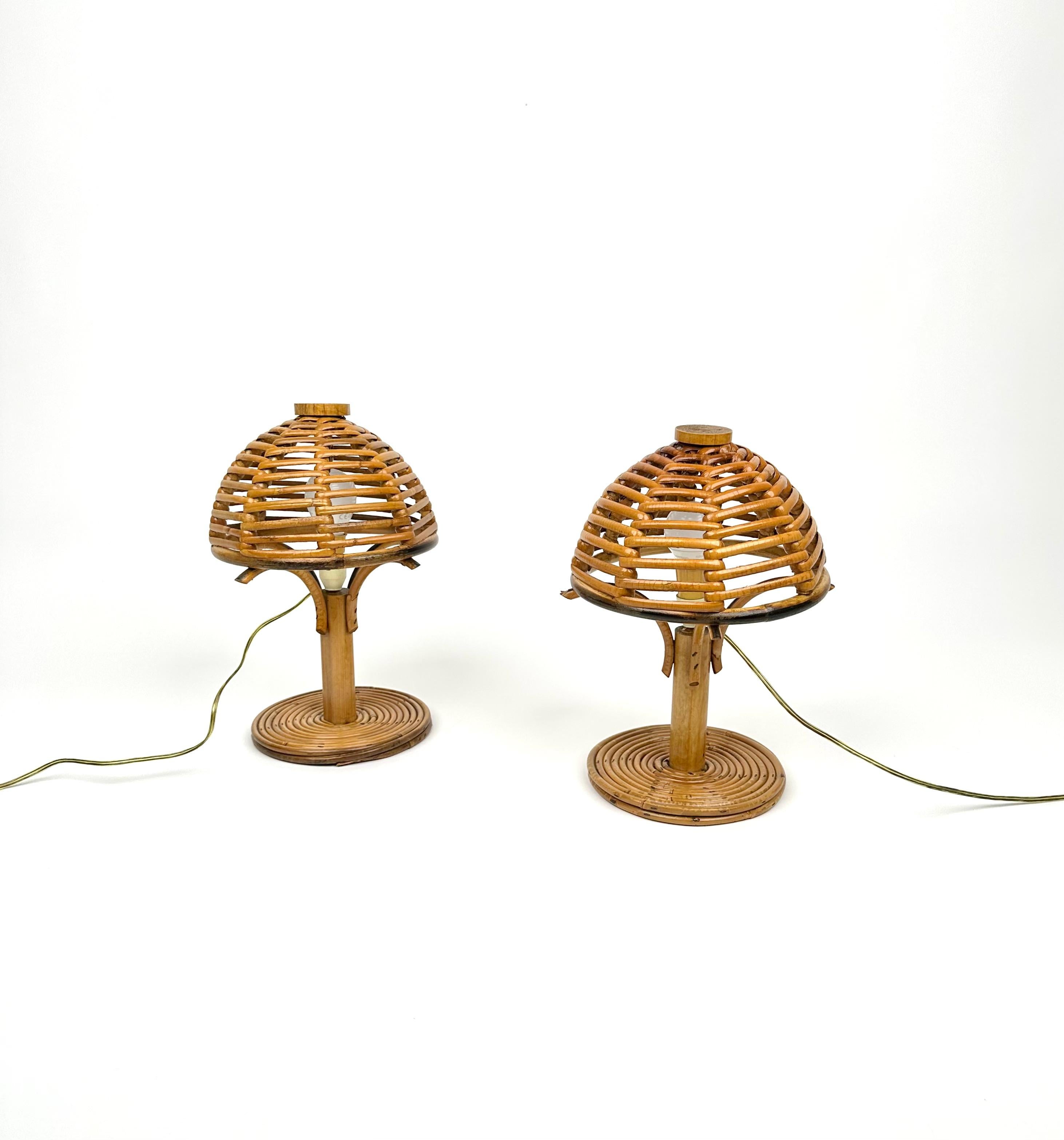 Mid-Century Bamboo and Rattan Pair of Table Lamps Louis Sognot Style Italy 1960s In Good Condition In Rome, IT