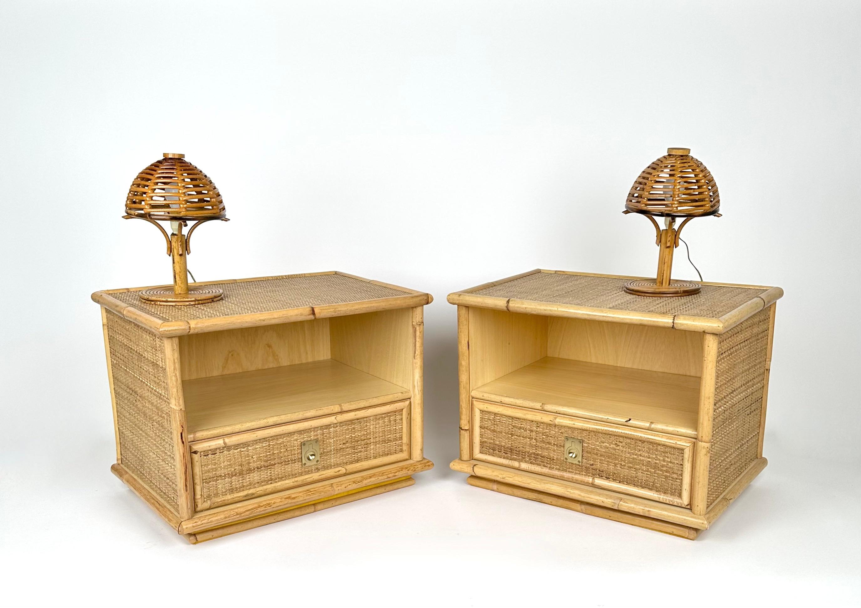 Mid-20th Century Mid-Century Bamboo and Rattan Pair of Table Lamps Louis Sognot Style Italy 1960s