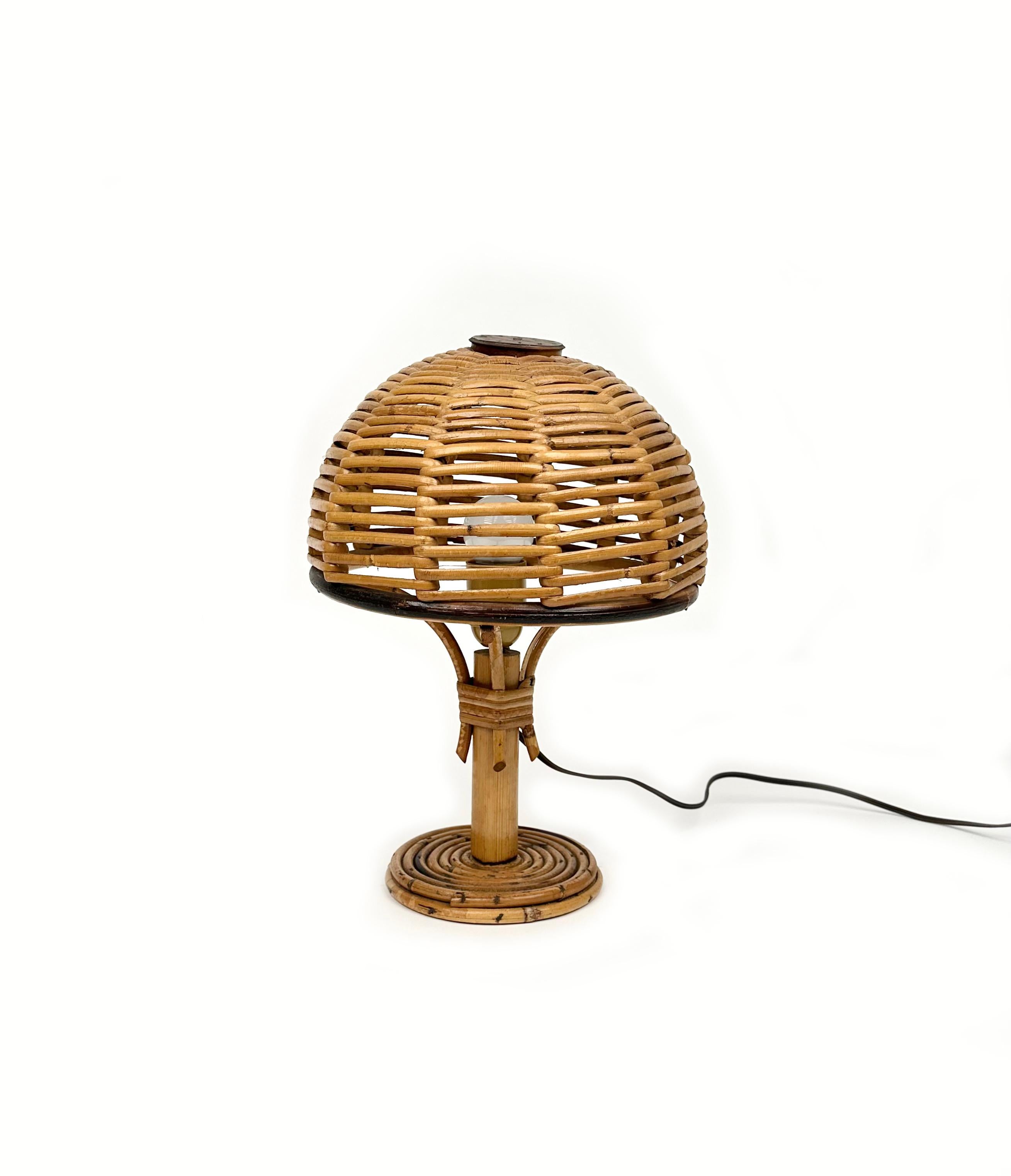 Mid-20th Century Midcentury Bamboo and Rattan Pair of Table Lamps Louis Sognot Style, Italy 1960s For Sale