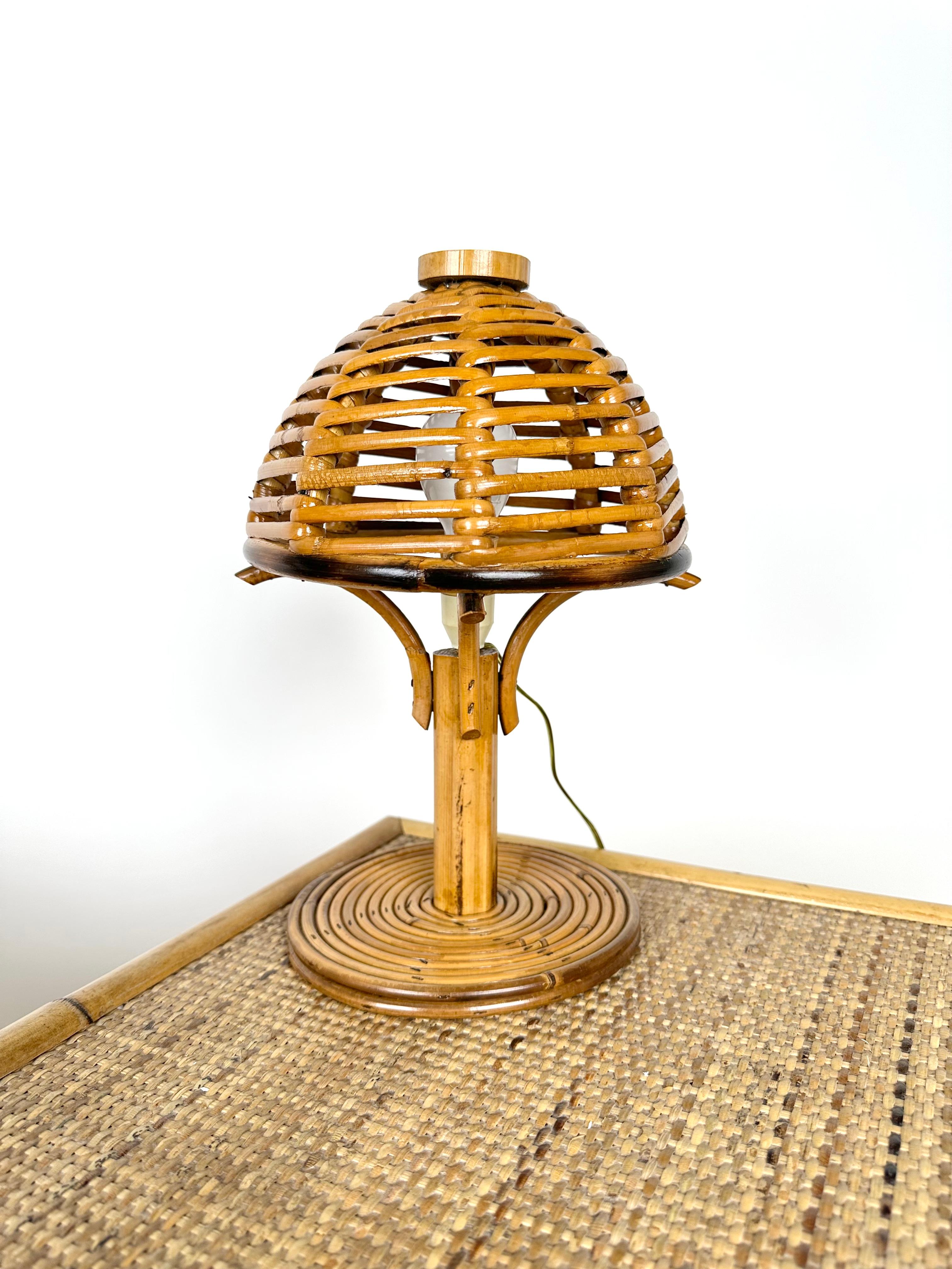 Mid-Century Bamboo and Rattan Pair of Table Lamps Louis Sognot Style Italy 1960s 1