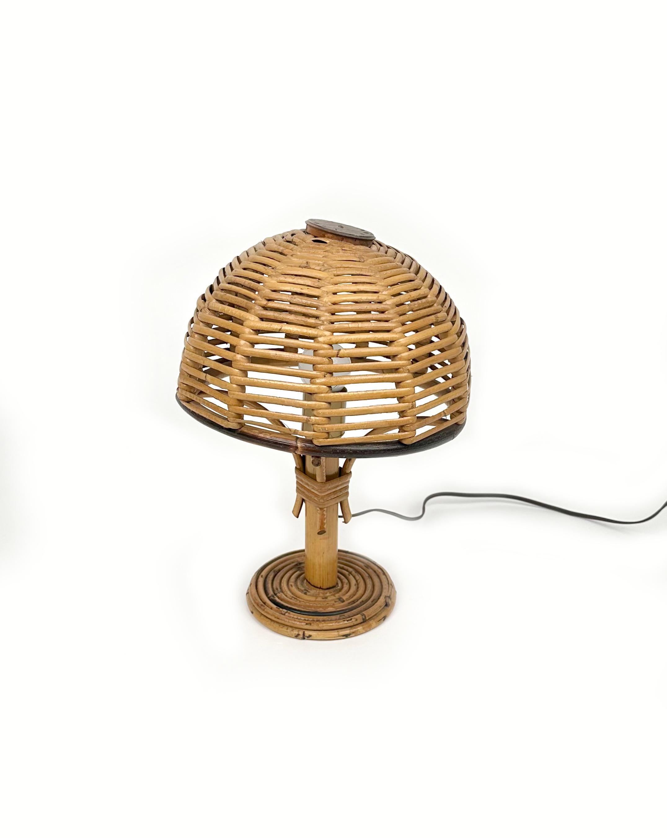 Midcentury Bamboo and Rattan Pair of Table Lamps Louis Sognot Style, Italy 1960s For Sale 1