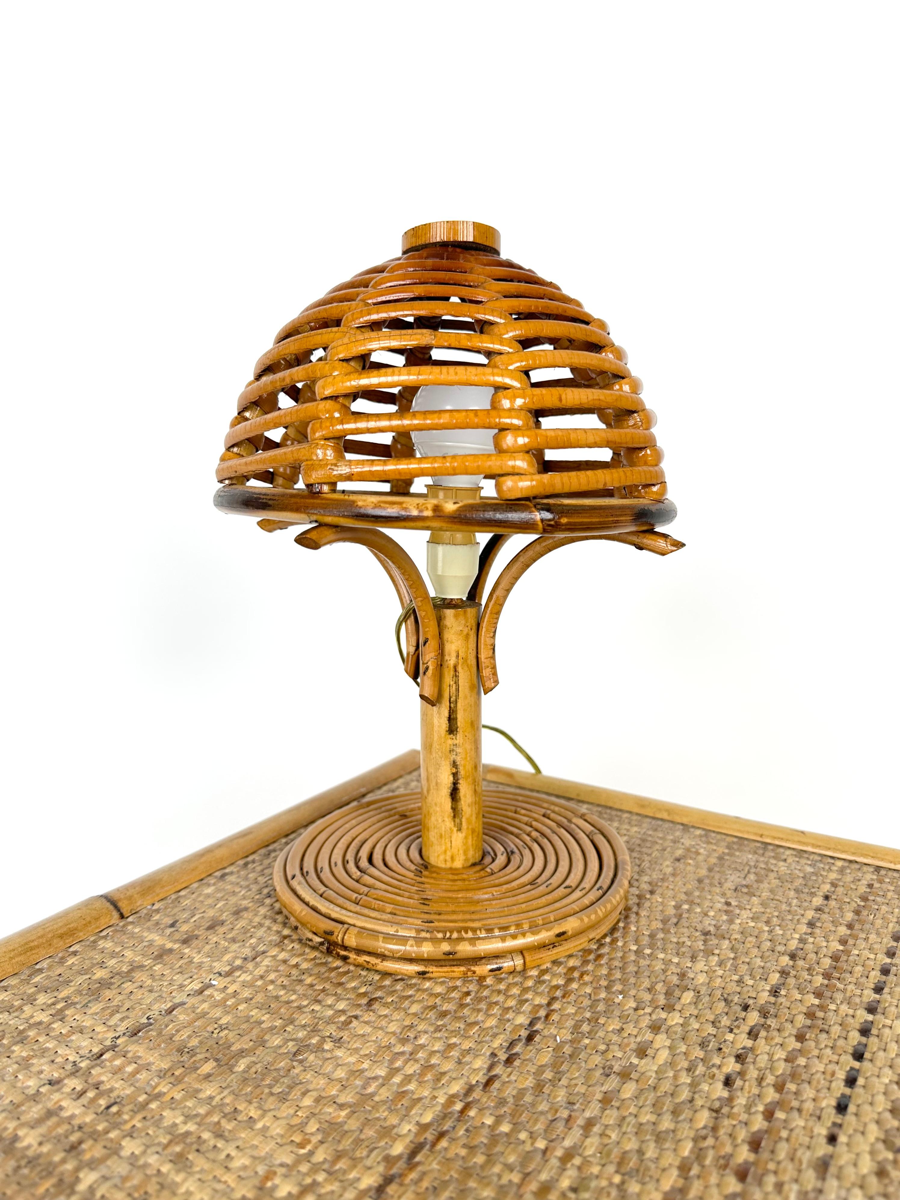 Mid-Century Bamboo and Rattan Pair of Table Lamps Louis Sognot Style Italy 1960s 2