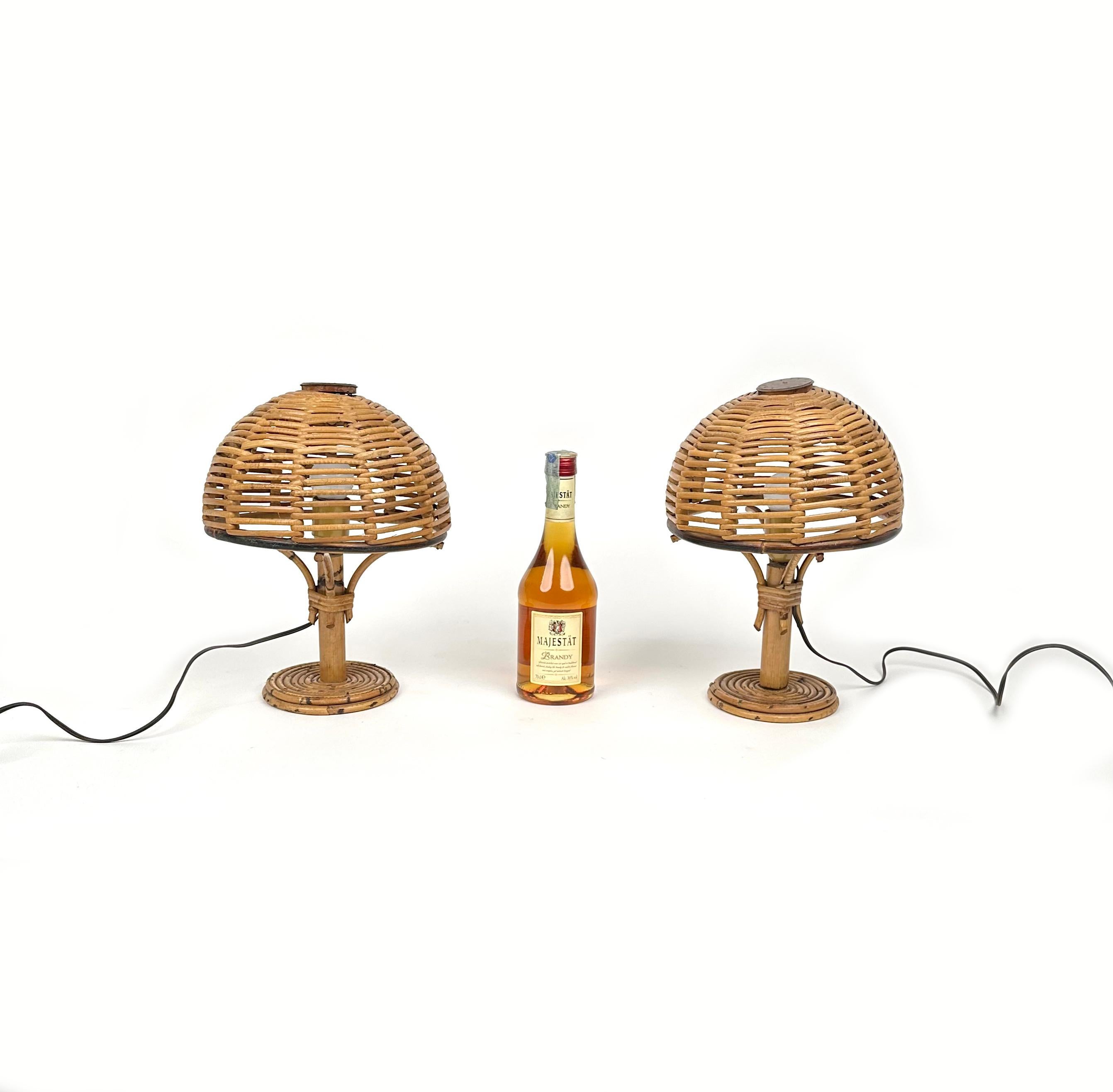 Midcentury Bamboo and Rattan Pair of Table Lamps Louis Sognot Style, Italy 1960s For Sale 2