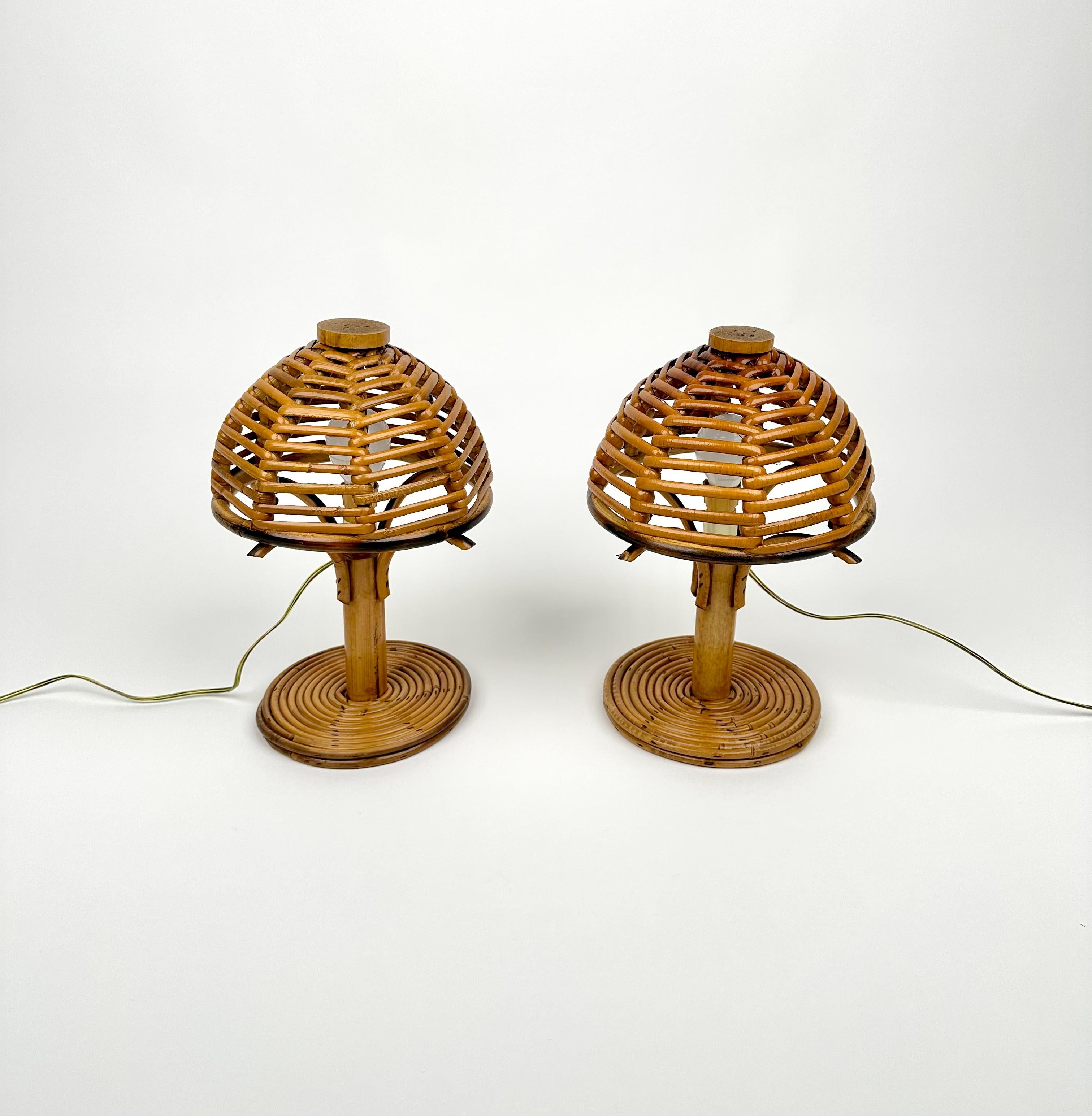 Mid-Century Bamboo and Rattan Pair of Table Lamps Louis Sognot Style Italy 1960s 3
