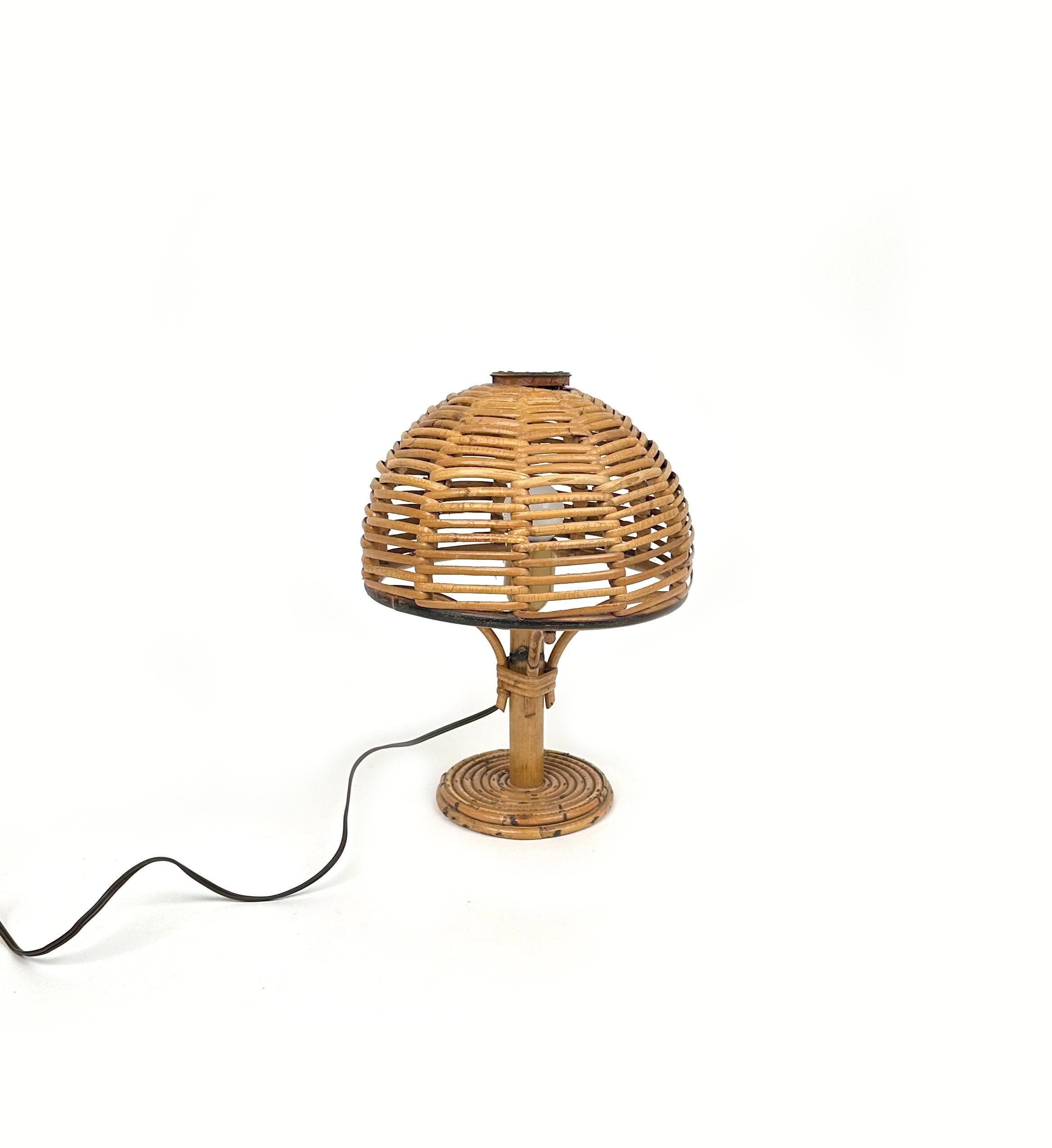 Midcentury Bamboo and Rattan Pair of Table Lamps Louis Sognot Style, Italy 1960s For Sale 3