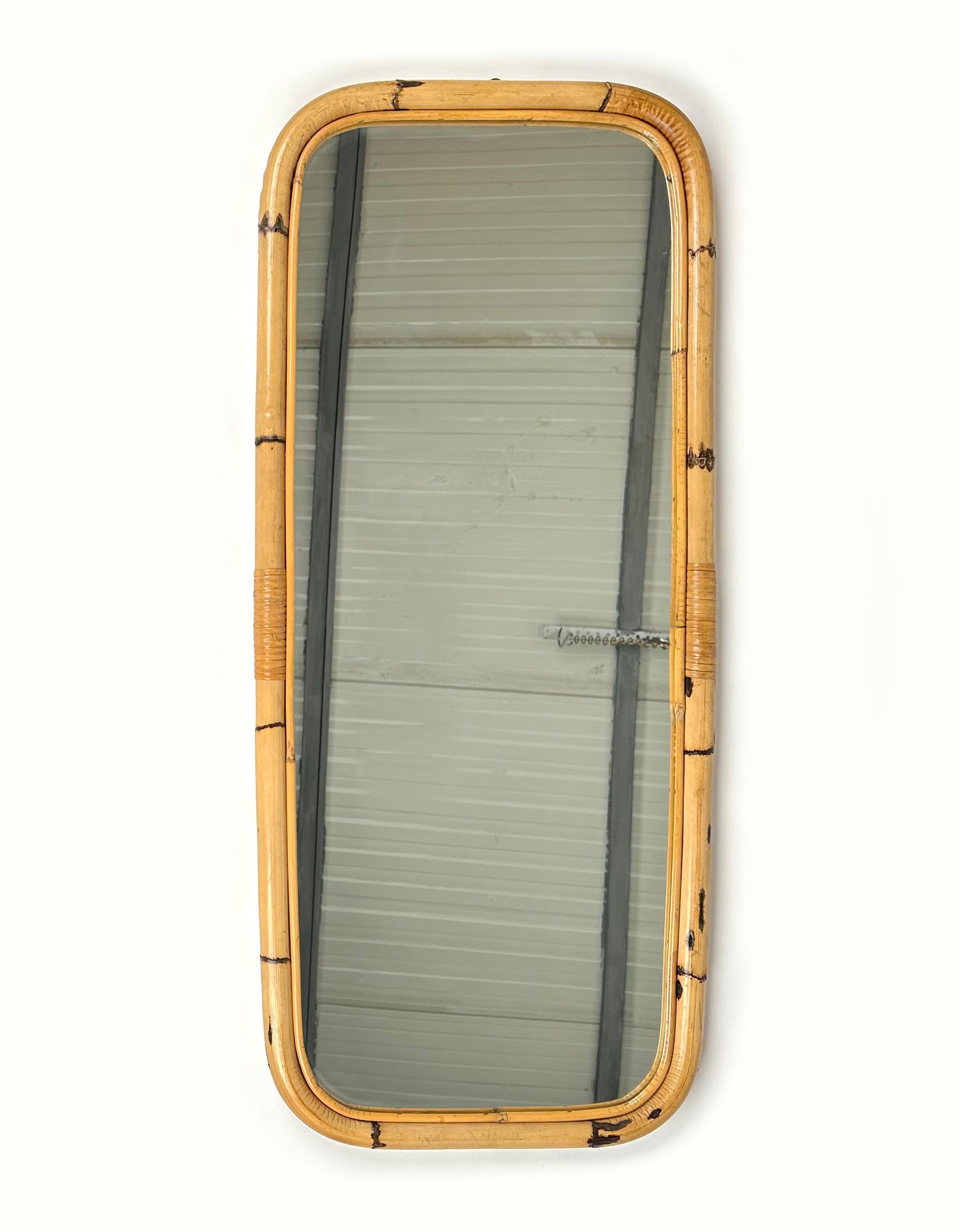 Italian Midcentury Bamboo and Rattan Rectangular Wall Mirror, Italy, 1960s For Sale