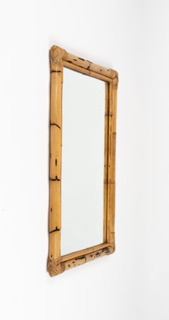 Rechteckiger Wandspiegel aus Bambus und Rattan aus der Jahrhundertmitte, Italien 1970er