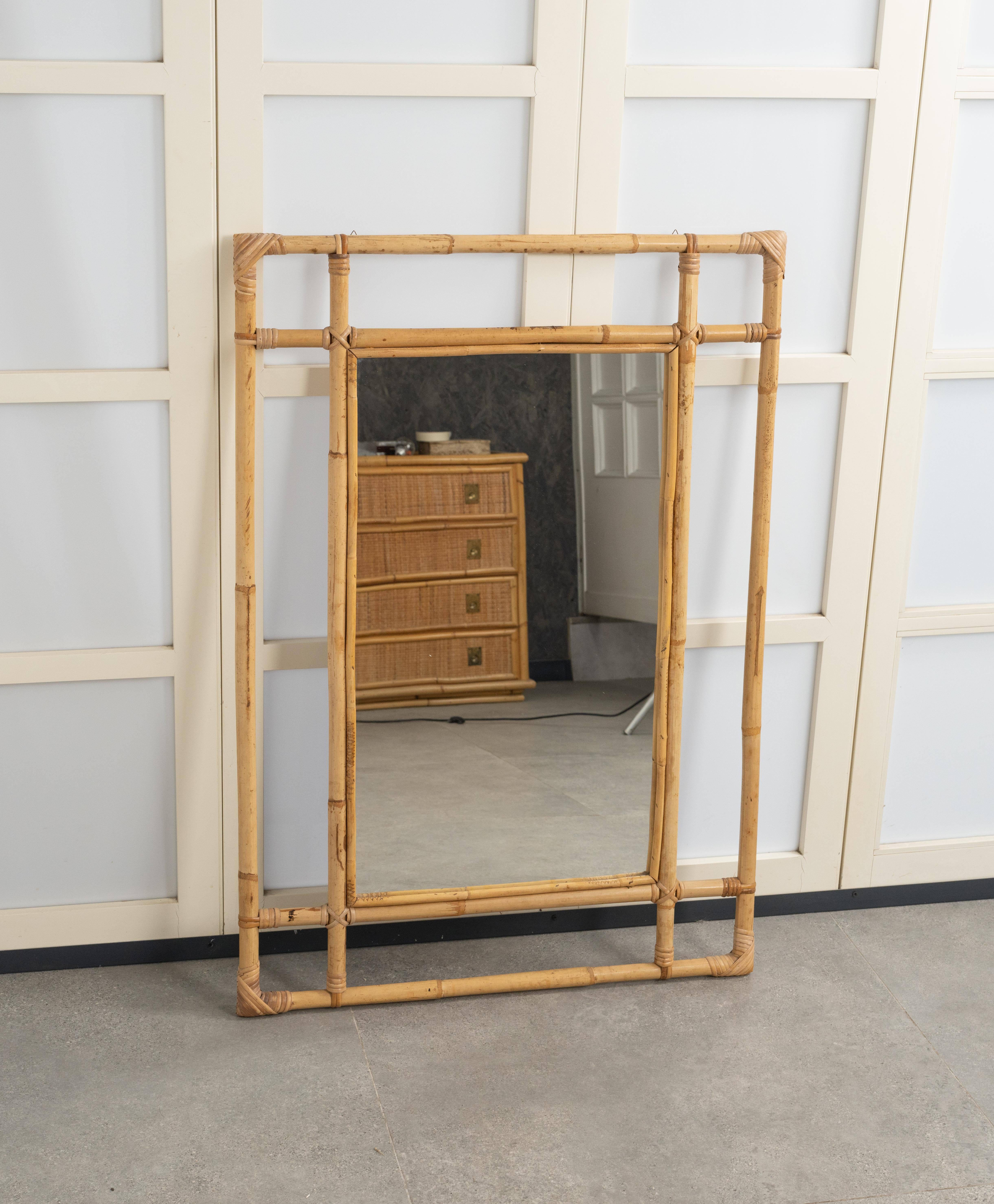 Mid-Century Modern Midcentury Bamboo and Rattan Rectangular Wall Mirror, Italy 1970s For Sale