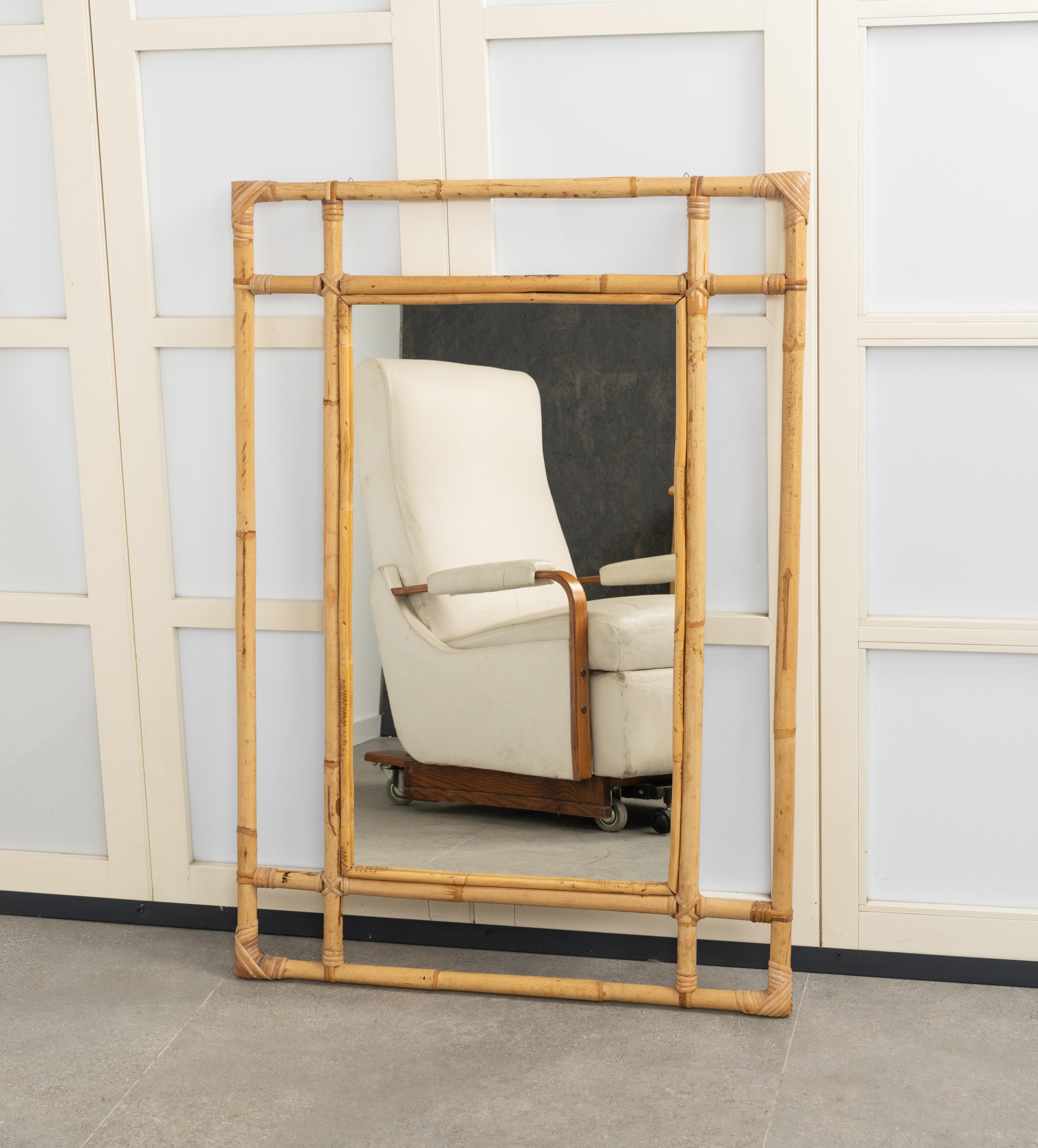 Late 20th Century Midcentury Bamboo and Rattan Rectangular Wall Mirror, Italy 1970s For Sale