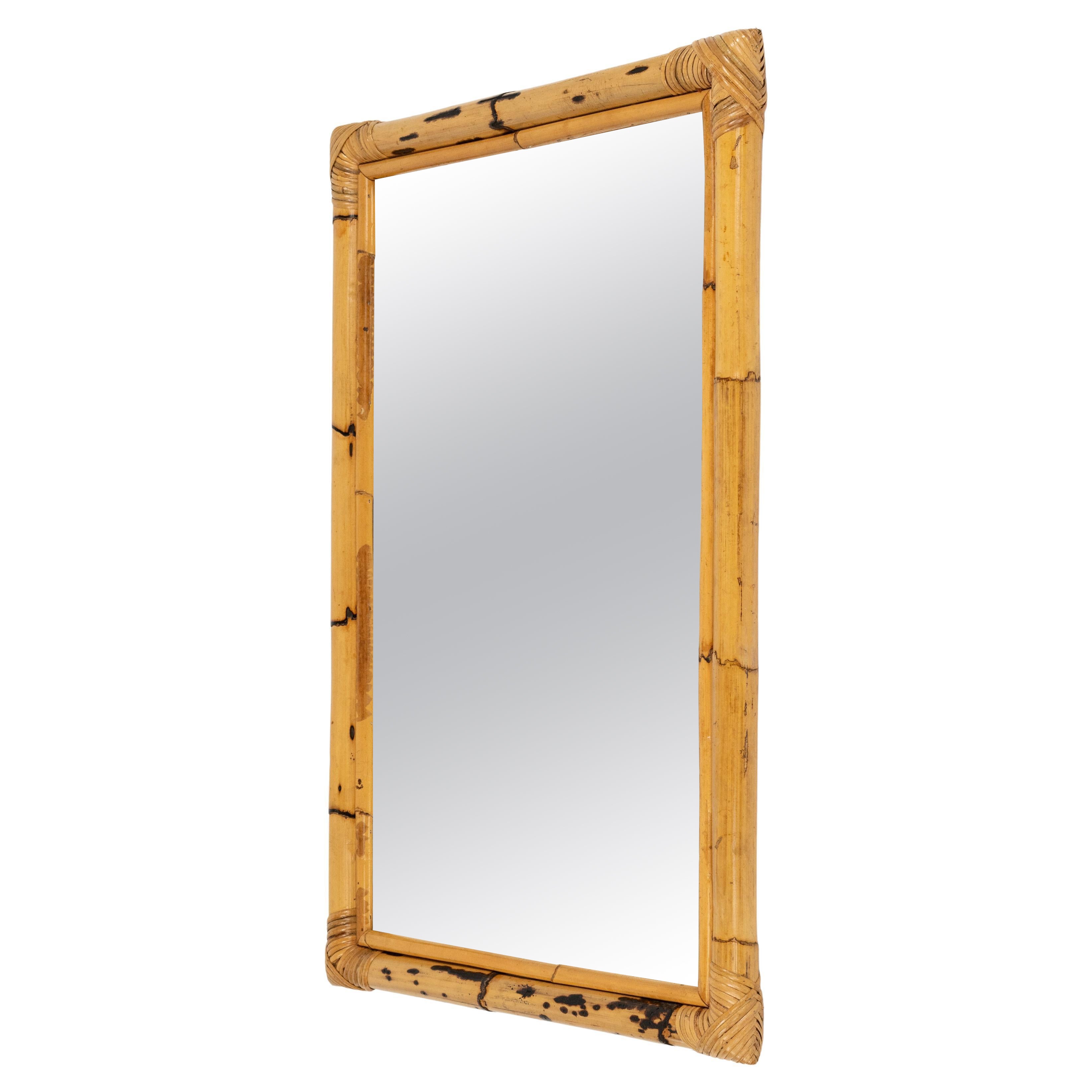 Midcentury Bamboo and Rattan Rectangular Wall Mirror, Italy 1970s For Sale