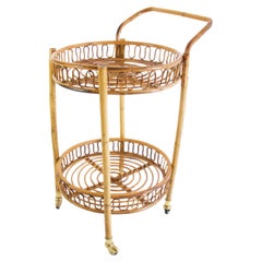 Midcentury Bamboo and Rattan Round Italian Bar Cart, 1960s