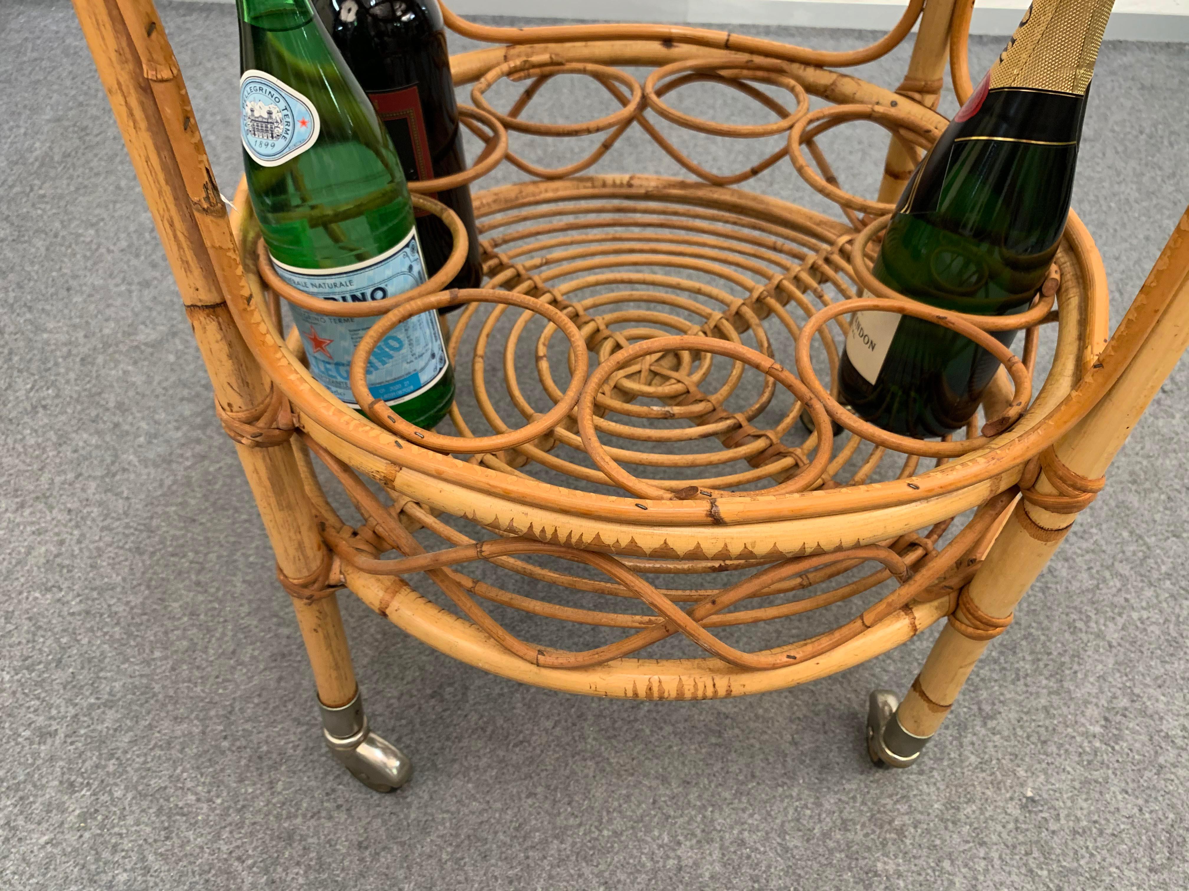 Midcentury Bamboo and Rattan Round Italian Service Side Bar Cart, 1960s 2