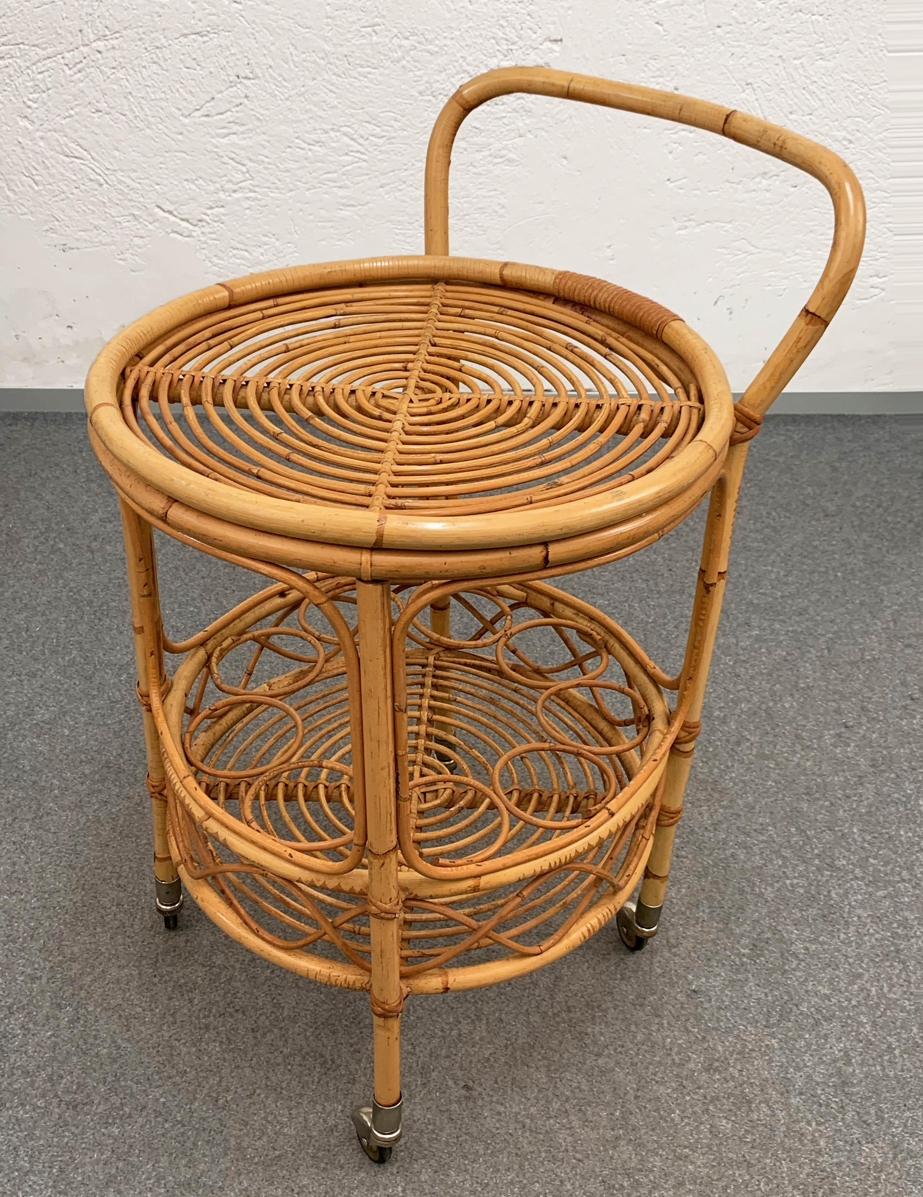 Midcentury Bamboo and Rattan Round Italian Service Side Bar Cart, 1960s 5