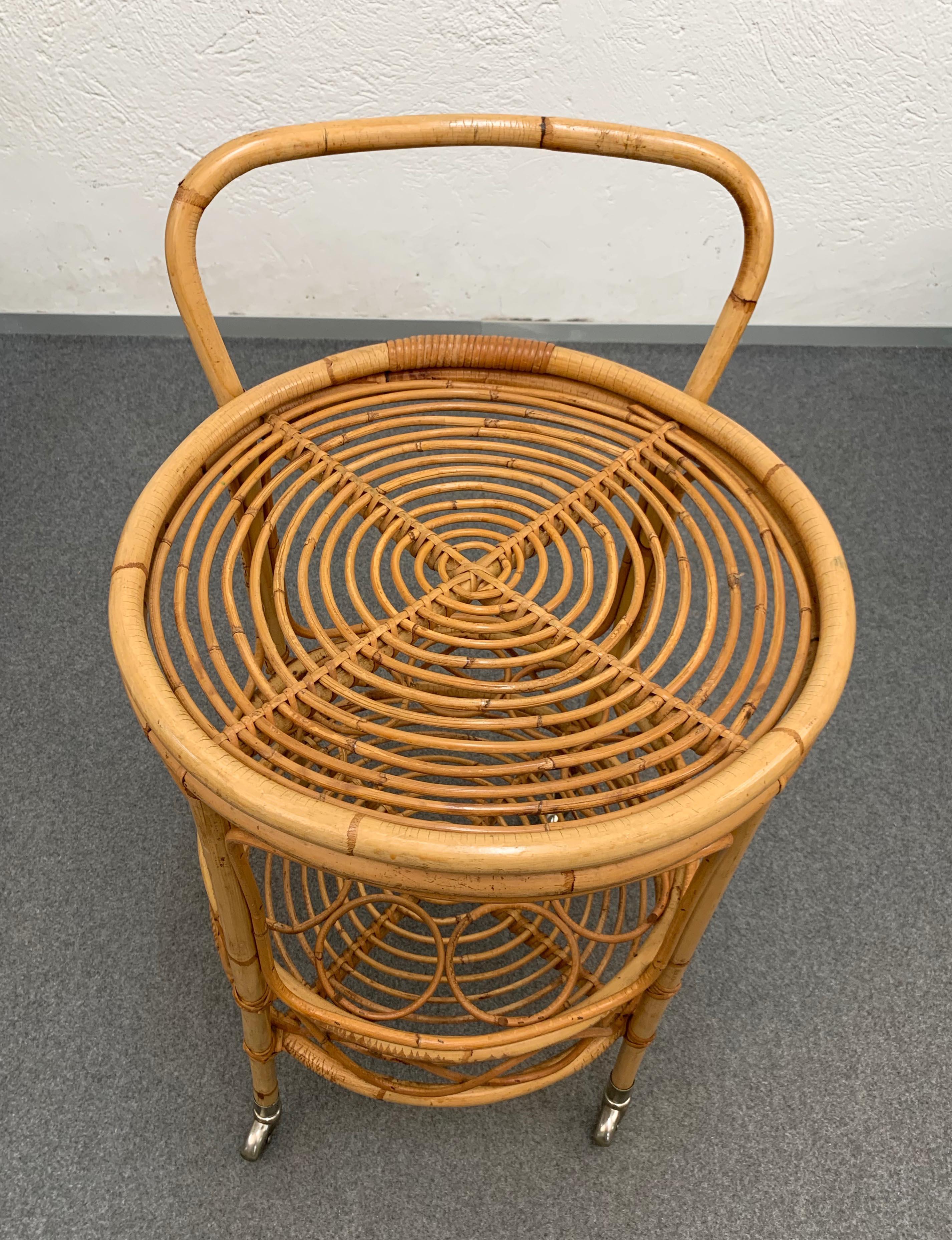 Midcentury Bamboo and Rattan Round Italian Service Side Bar Cart, 1960s 7