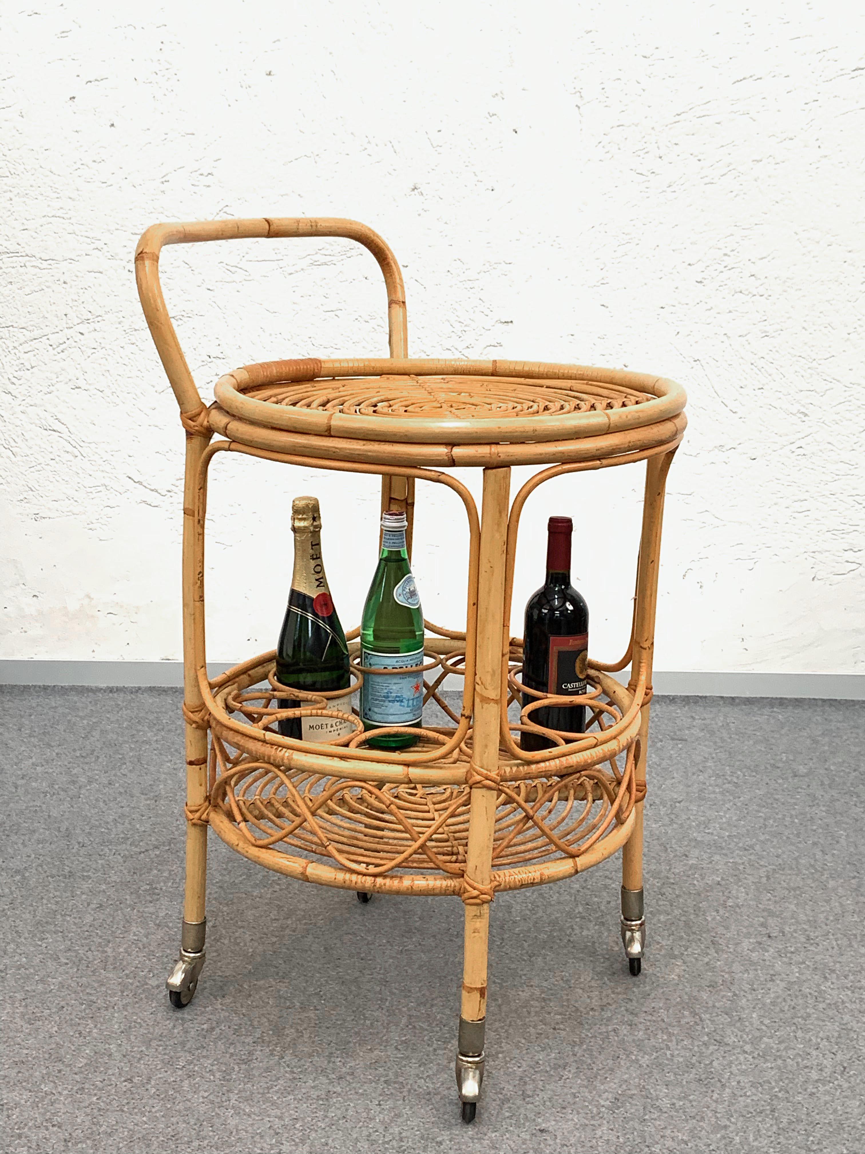Midcentury Bamboo and Rattan Round Italian Service Side Bar Cart, 1960s 10