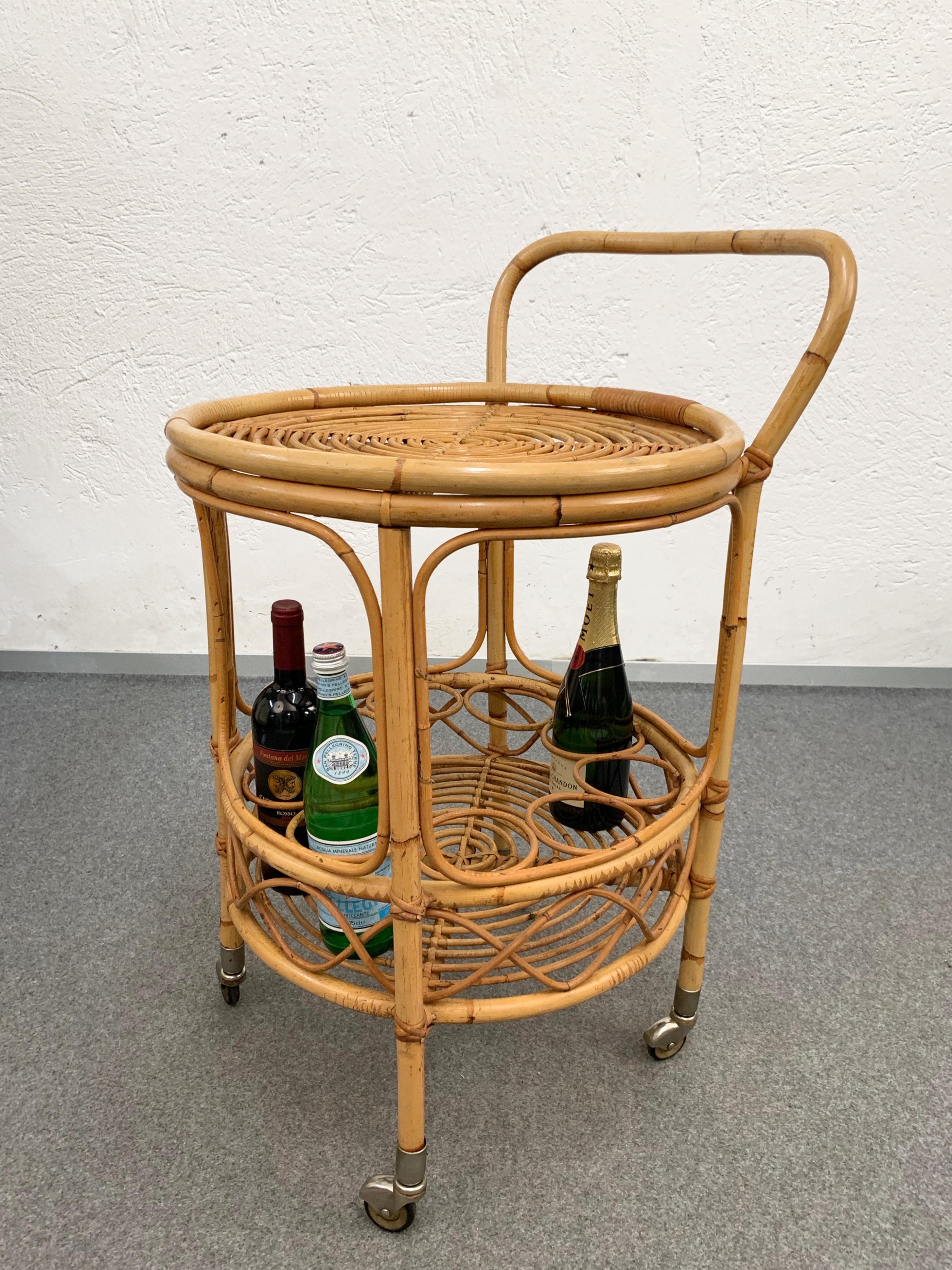 Midcentury Bamboo and Rattan Round Italian Service Side Bar Cart, 1960s 11