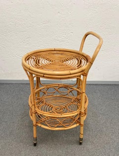 Midcentury Bamboo and Rattan Round Italian Service Side Bar Cart, 1960s